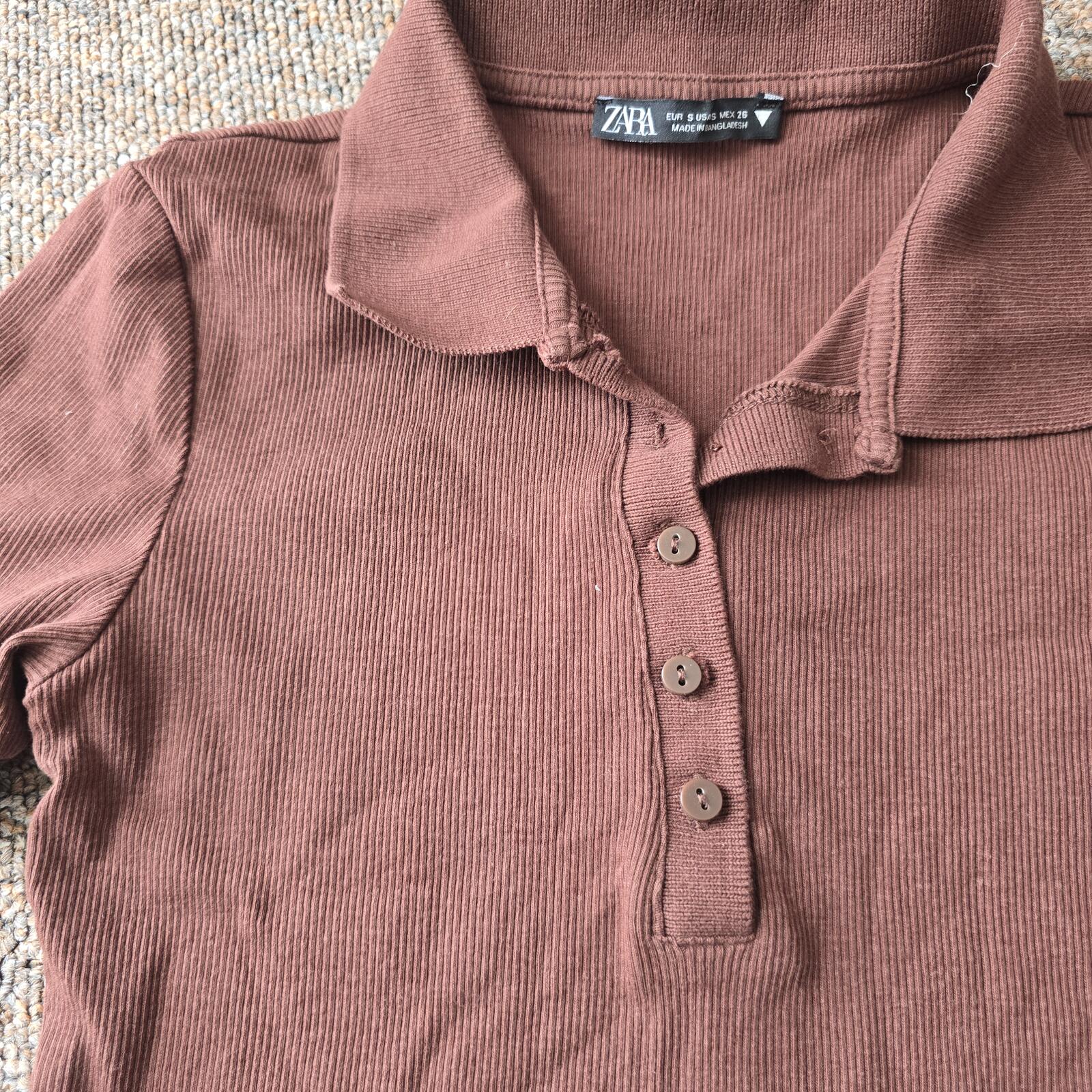 Zara Brown Ribbed Polo Shirt, size S, cropped length image 3