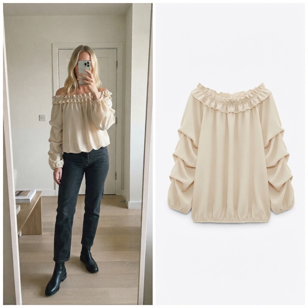 Italy Moda BNWT Cream Blouse, off the shoulder bardot, ruffle balloon sleeve