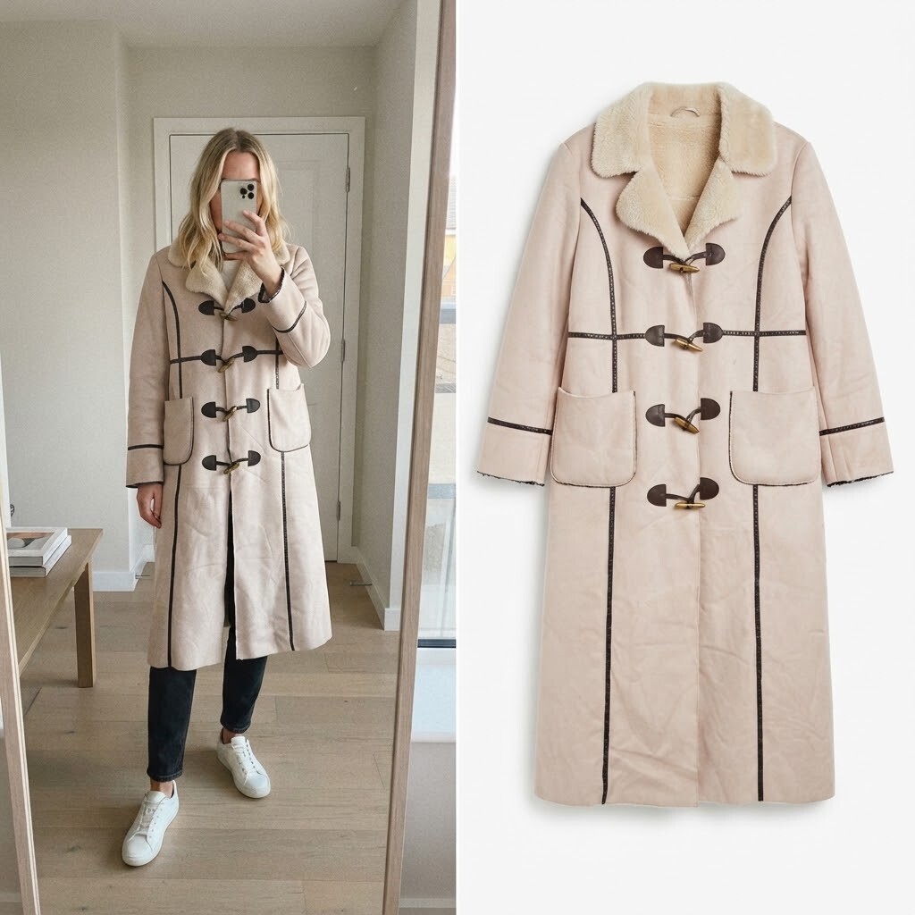 Womens vintage cream suede long coat, faux fur collar & lining, faux leather detail, size M