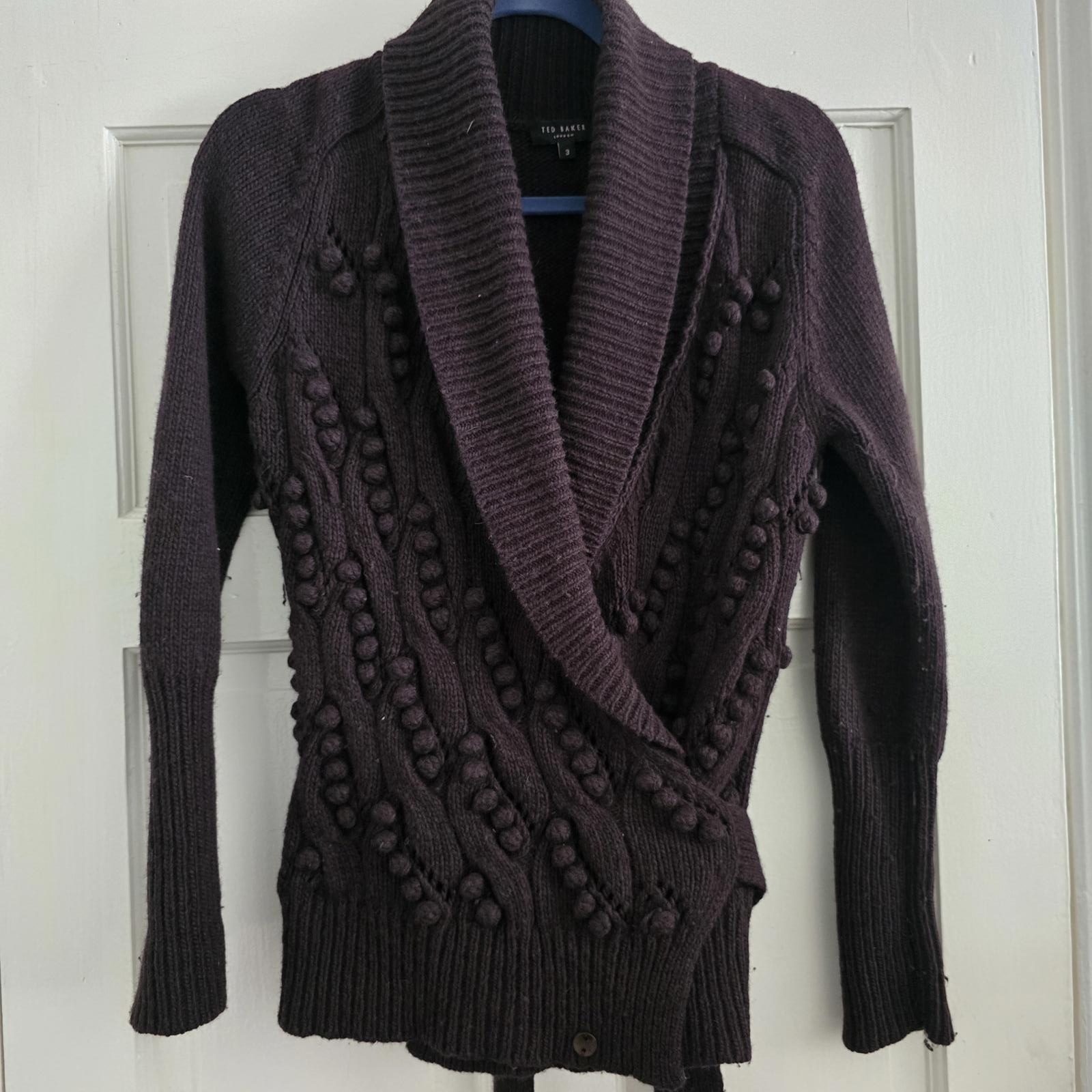 Ted Baker Brown Wool Blend Shawl Collar Cardigan Sweater, Wrap belt, bobble