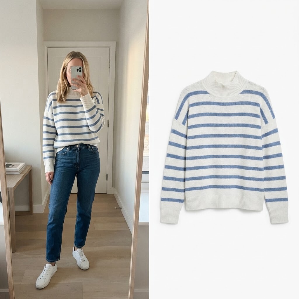 M&S Collection Cream Blue Striped Mock Neck Sweater, knitted, size M