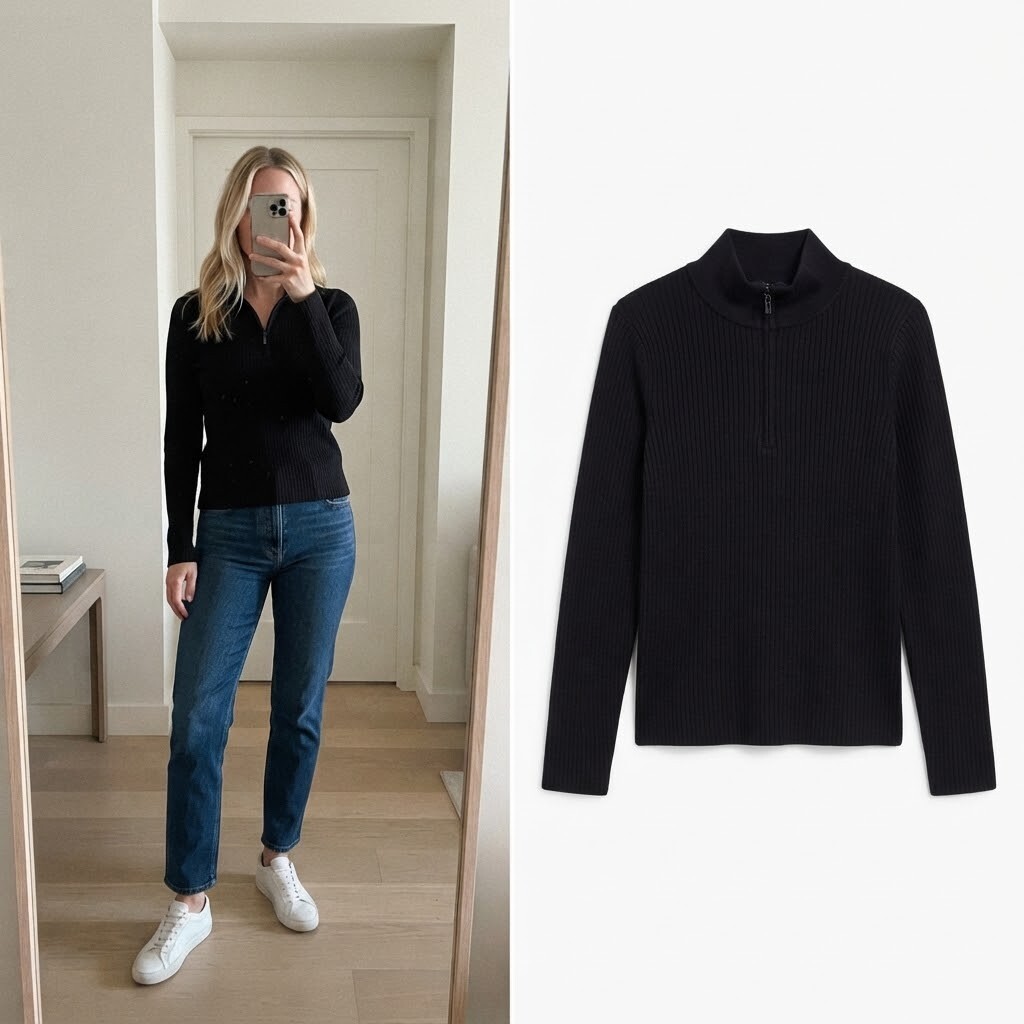 C&A Black Ribbed Knitted Half Zip Long Sleeve Top, size L