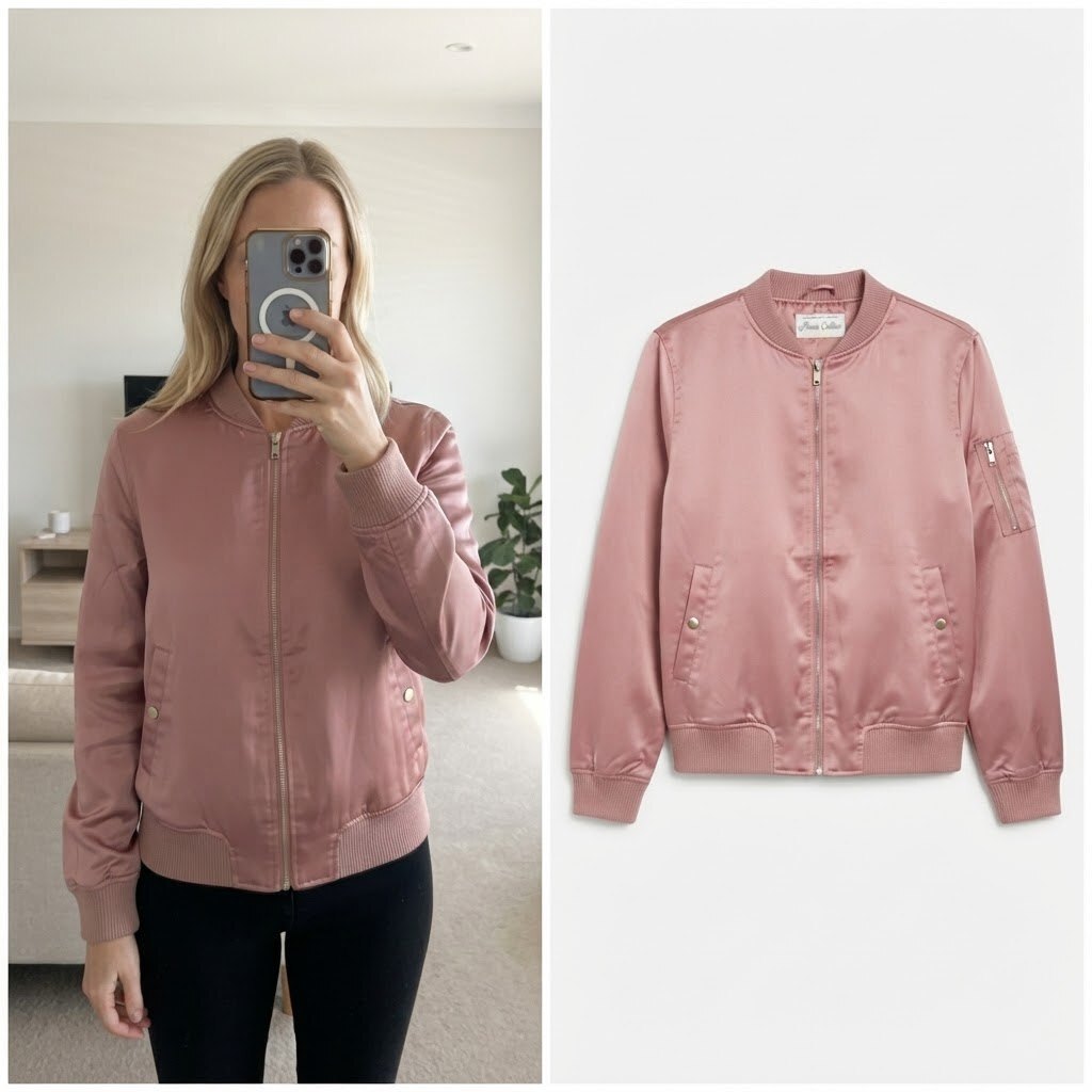 Parisian Collection Pink Satin Bomber Jacket Size 12, full zip
