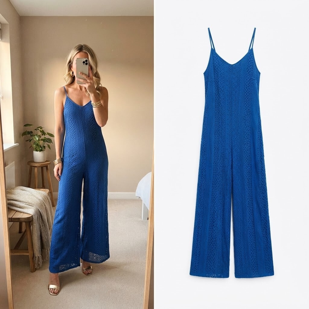 Lightweight lined blue crochet wide leg jumpsuit, size M, holiday, wedding
