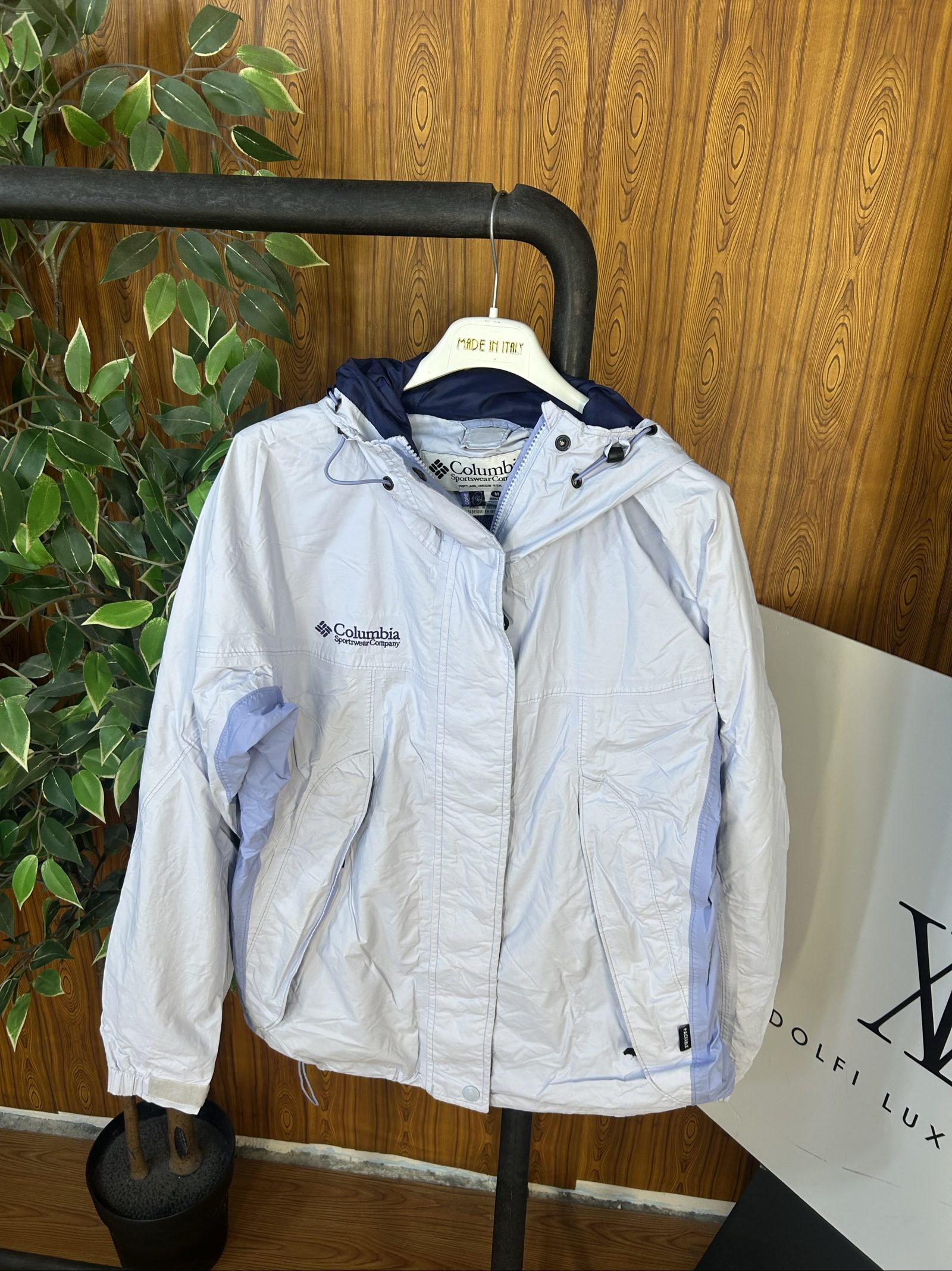 Columbia donna Giacca a Vento Bianca e Azzurra M Impermeabile con Cappuccio