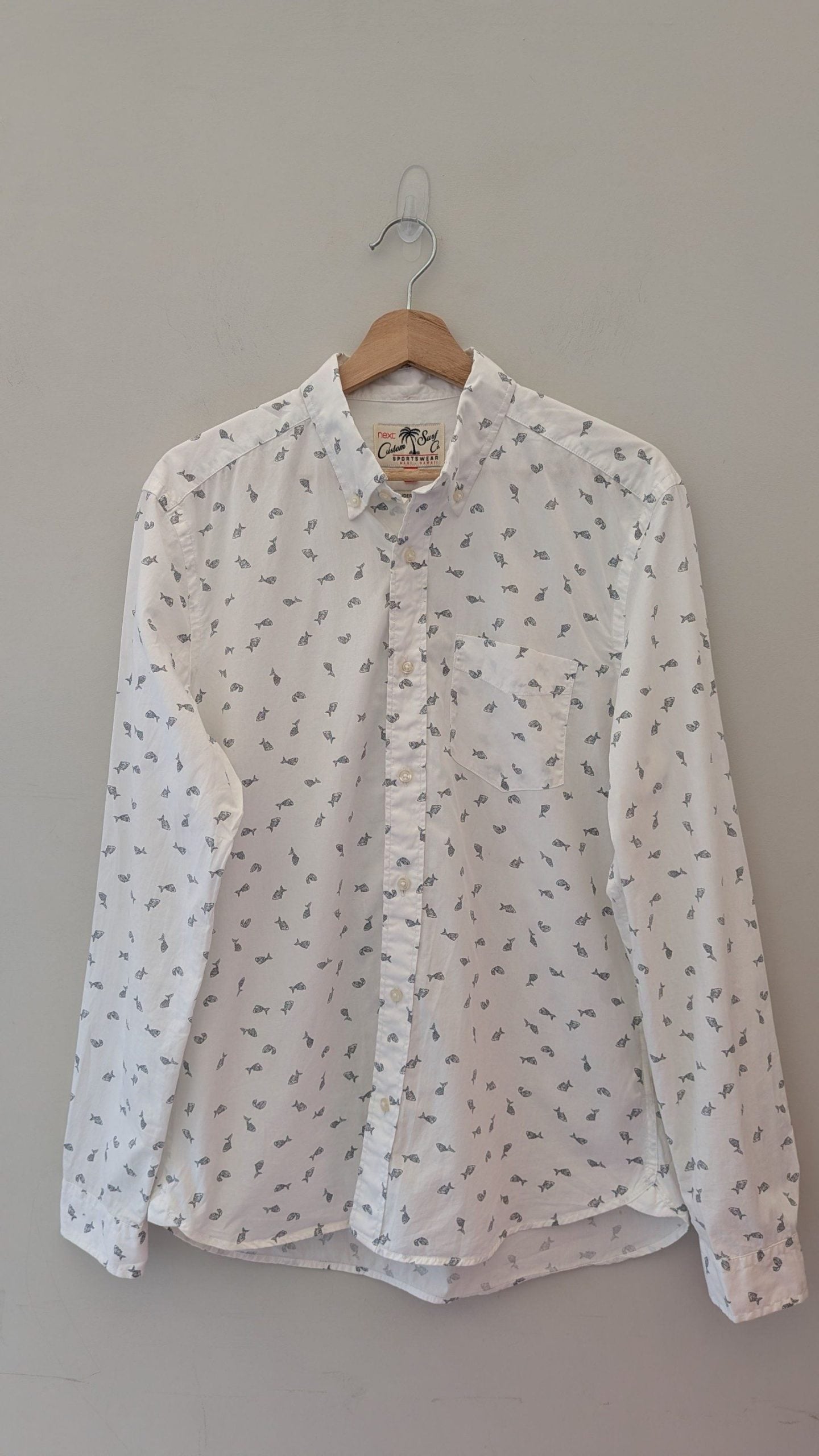 Next White & Dark Blue Fish Print Men's Shirt Medium 100% Cotton