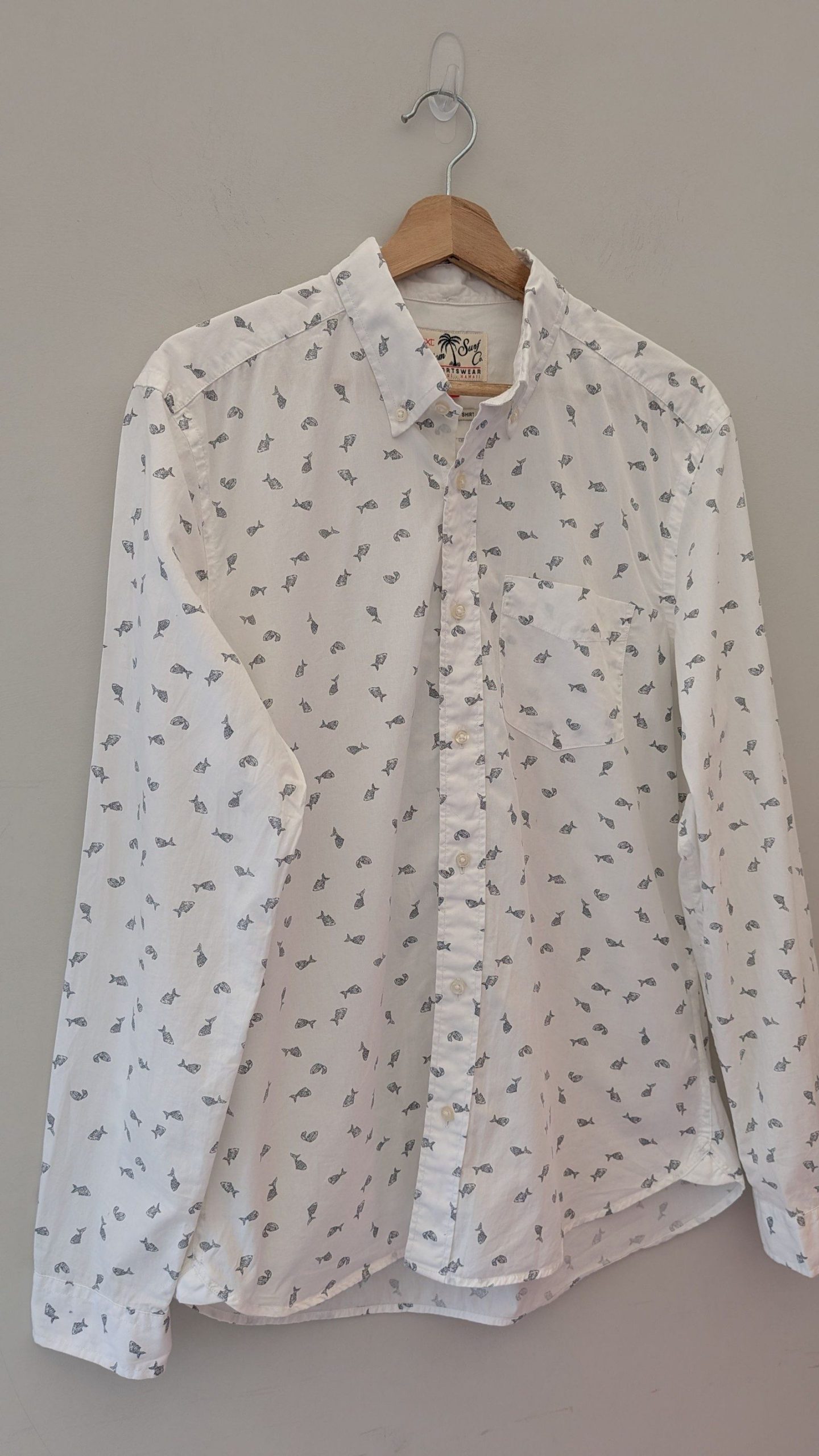Next White & Dark Blue Fish Print Men's Shirt Medium 100% Cotton image 7