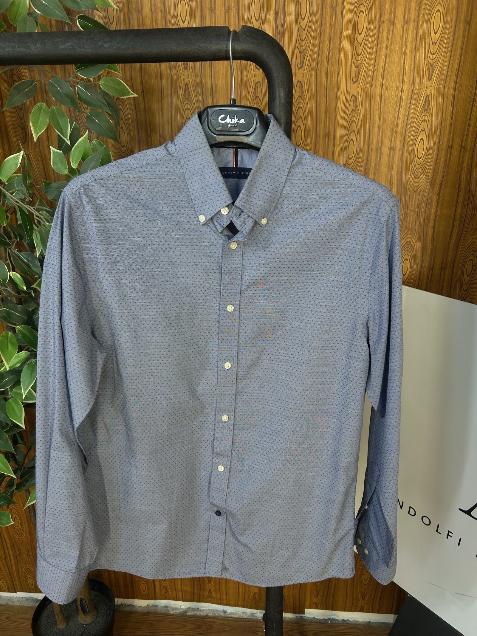 Tommy Hilfiger Uomo Camicia Blu a Microfantasia Taglia 15 32-33