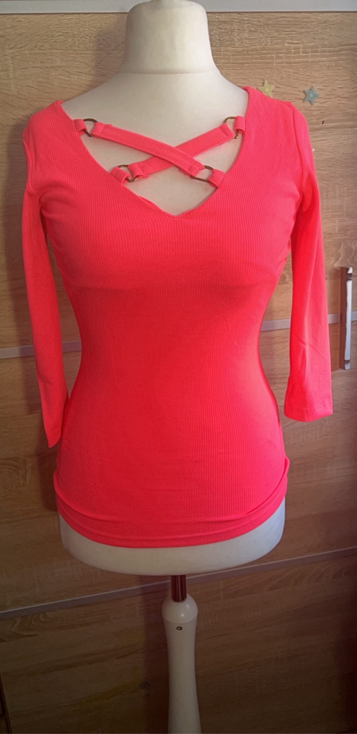 La Pia Women's Pink Ribbed Long Sleeve Top Medium Strap Detail
