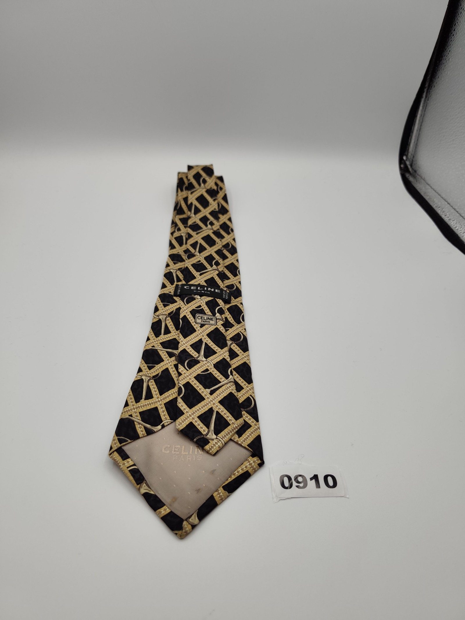 Celine Black & Beige Silk Designer Tie with Pattern