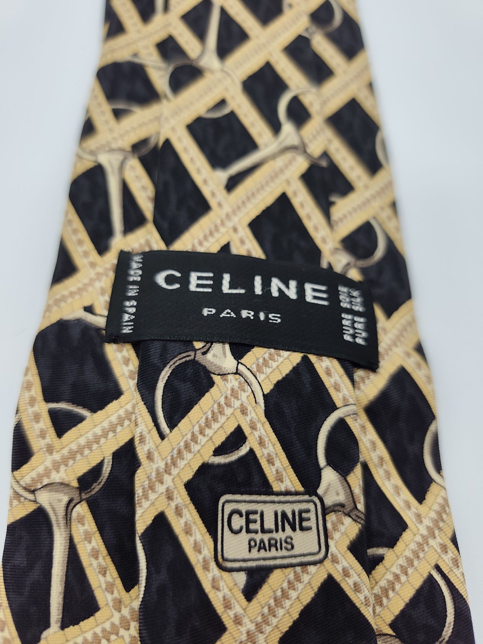 Celine Black & Beige Silk Designer Tie with Pattern image 2