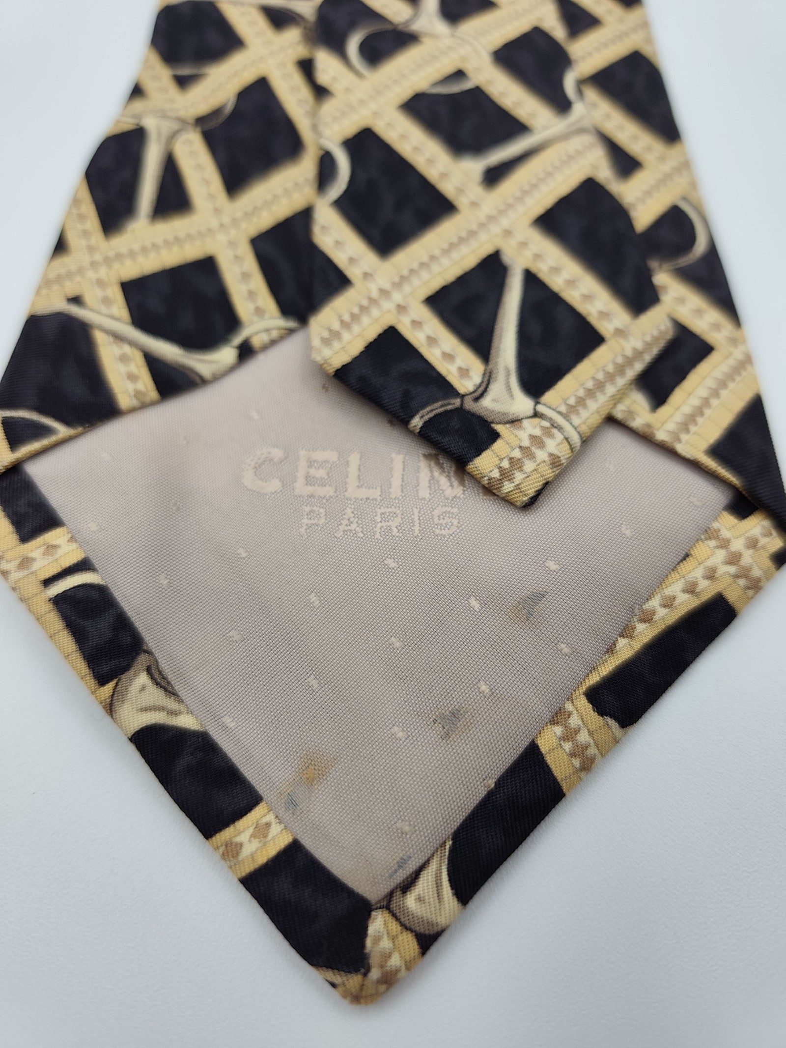 Celine Black & Beige Silk Designer Tie with Pattern image 4