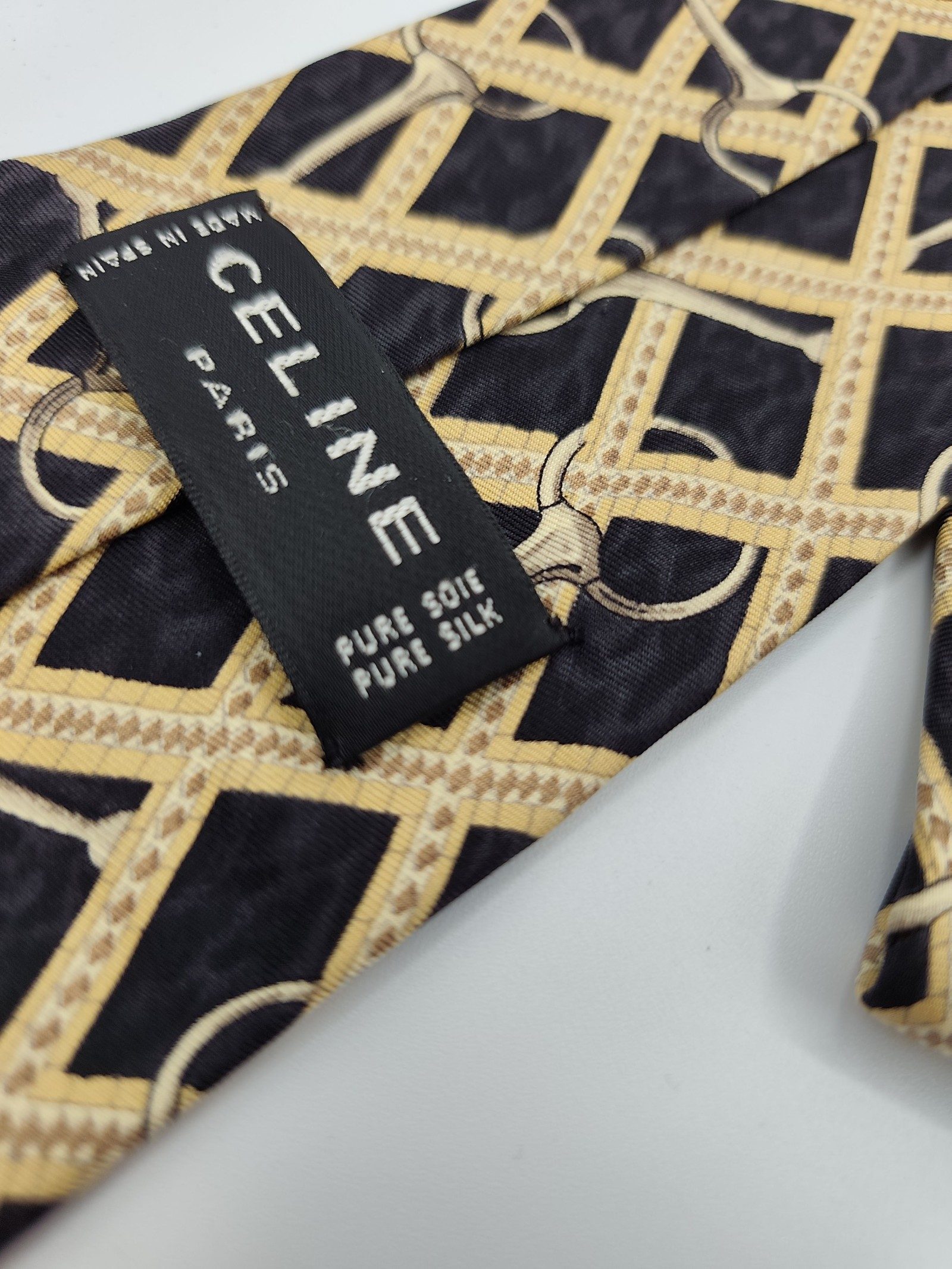 Celine Black & Beige Silk Designer Tie with Pattern image 5