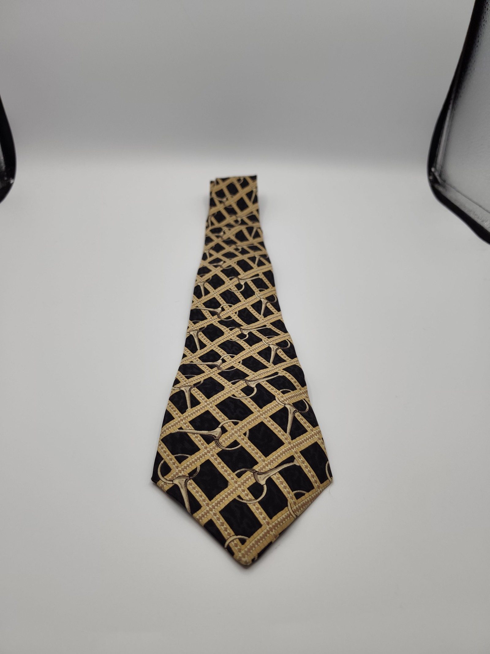 Celine Black & Beige Silk Designer Tie with Pattern image 6