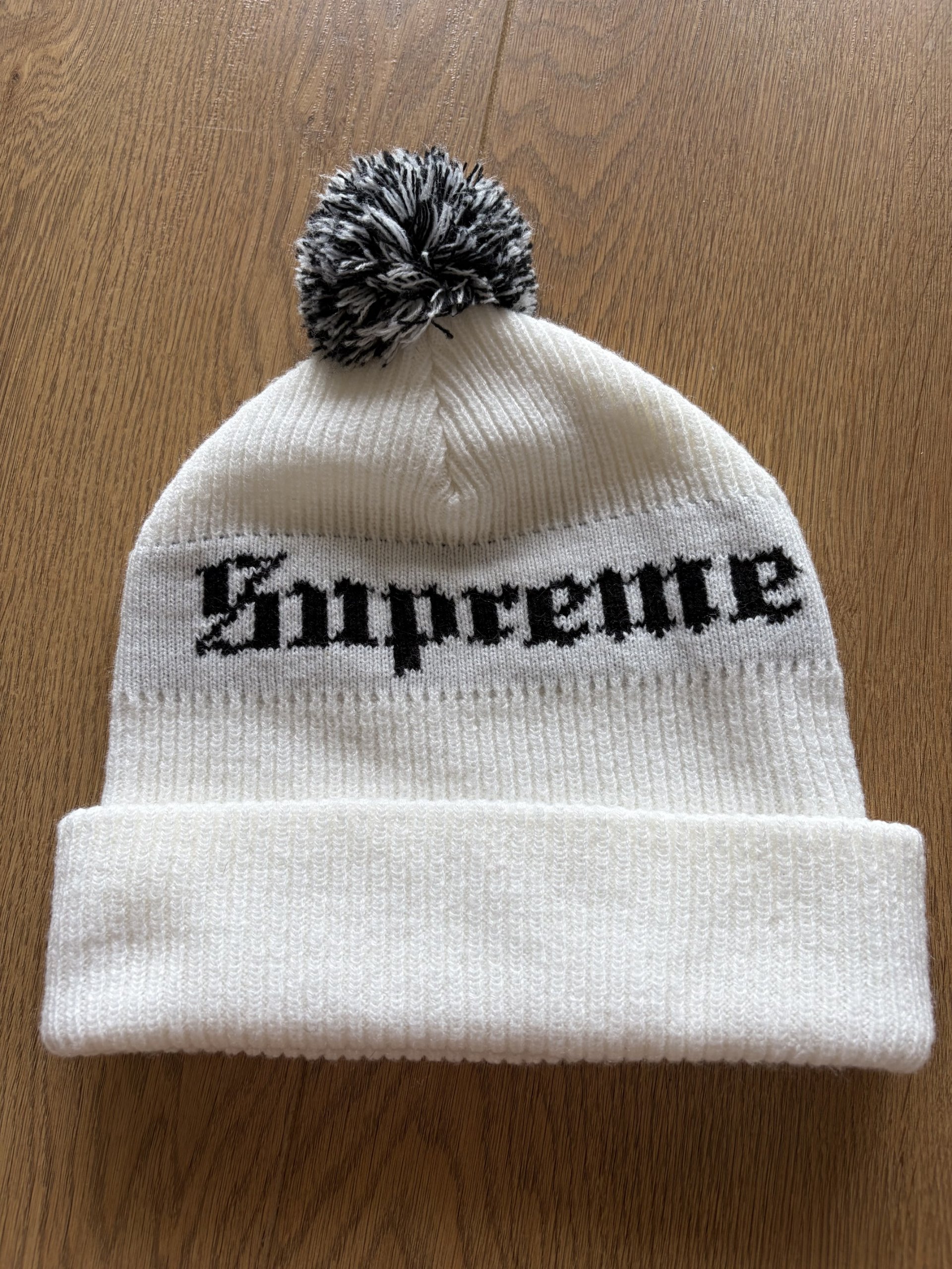Supreme White & Black Logo Pom Pom Beanie Hat One Size image 2