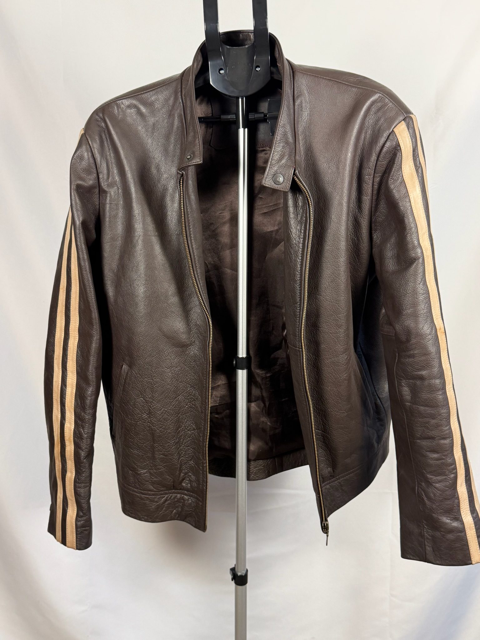 Vintage Brown Leather Motorcycle Jacket XL Tan Stripe Detail