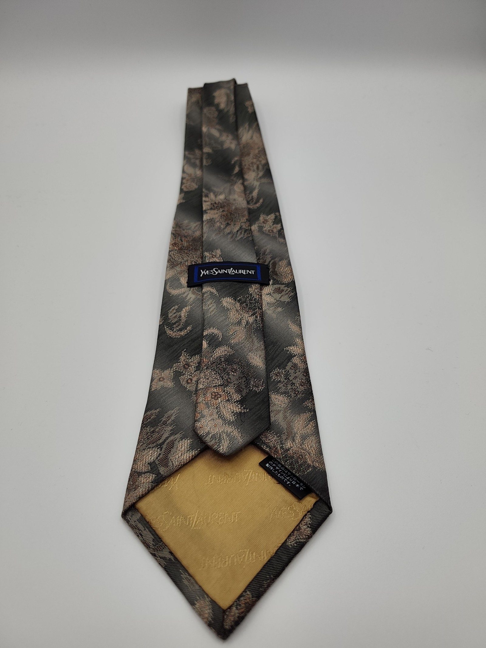 Yves Saint Laurent Grey & Beige Floral Silk Tie