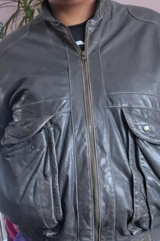 Distressed grey black leather bomber jacket