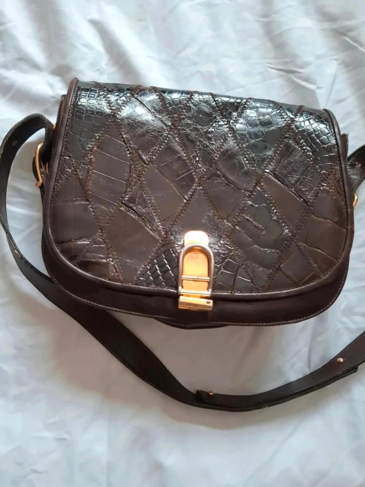 Brown patent patchwork satchel bag