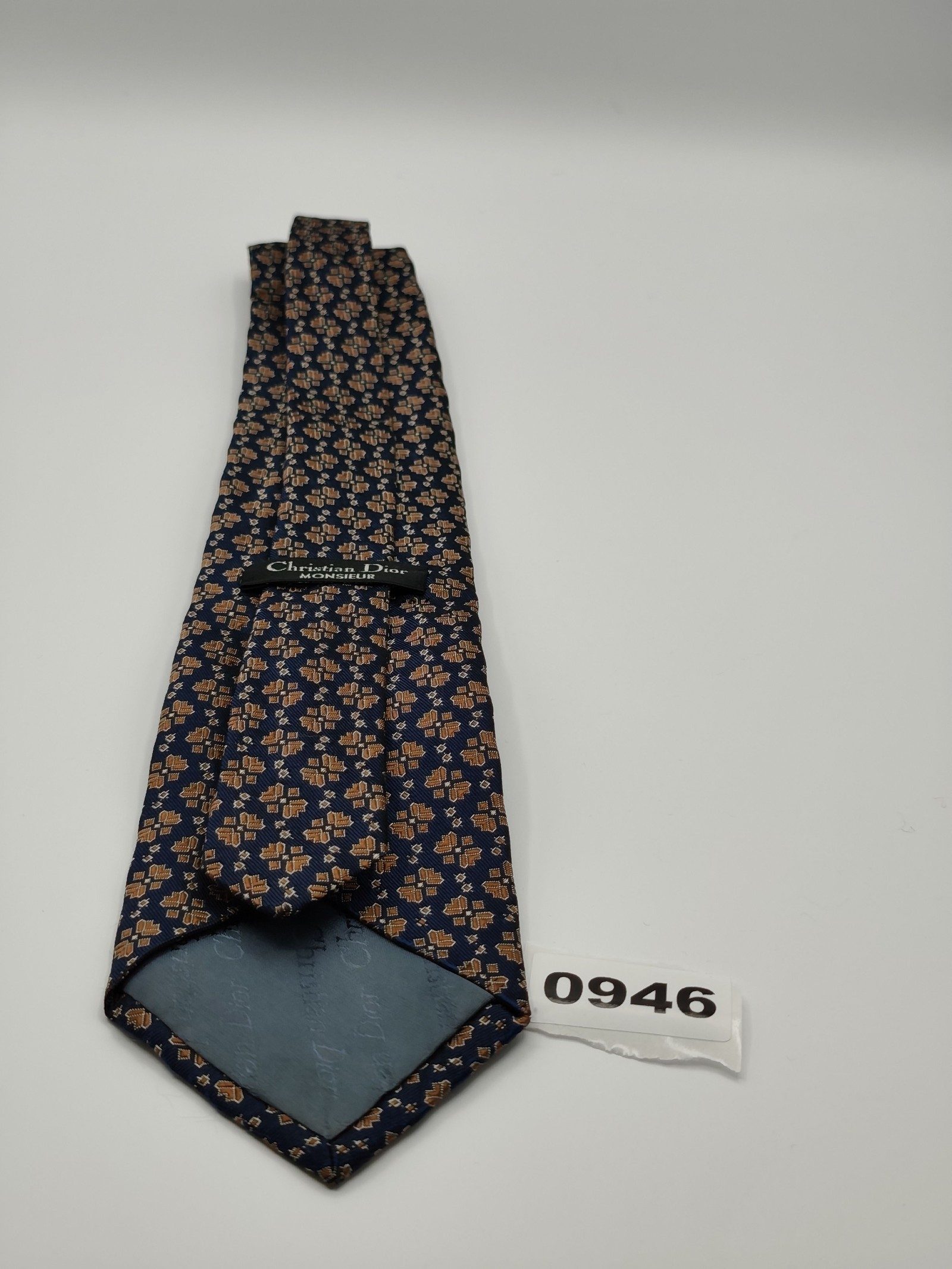 Christian Dior Navy & Brown Men's Silk Tie with Geometric Pattern