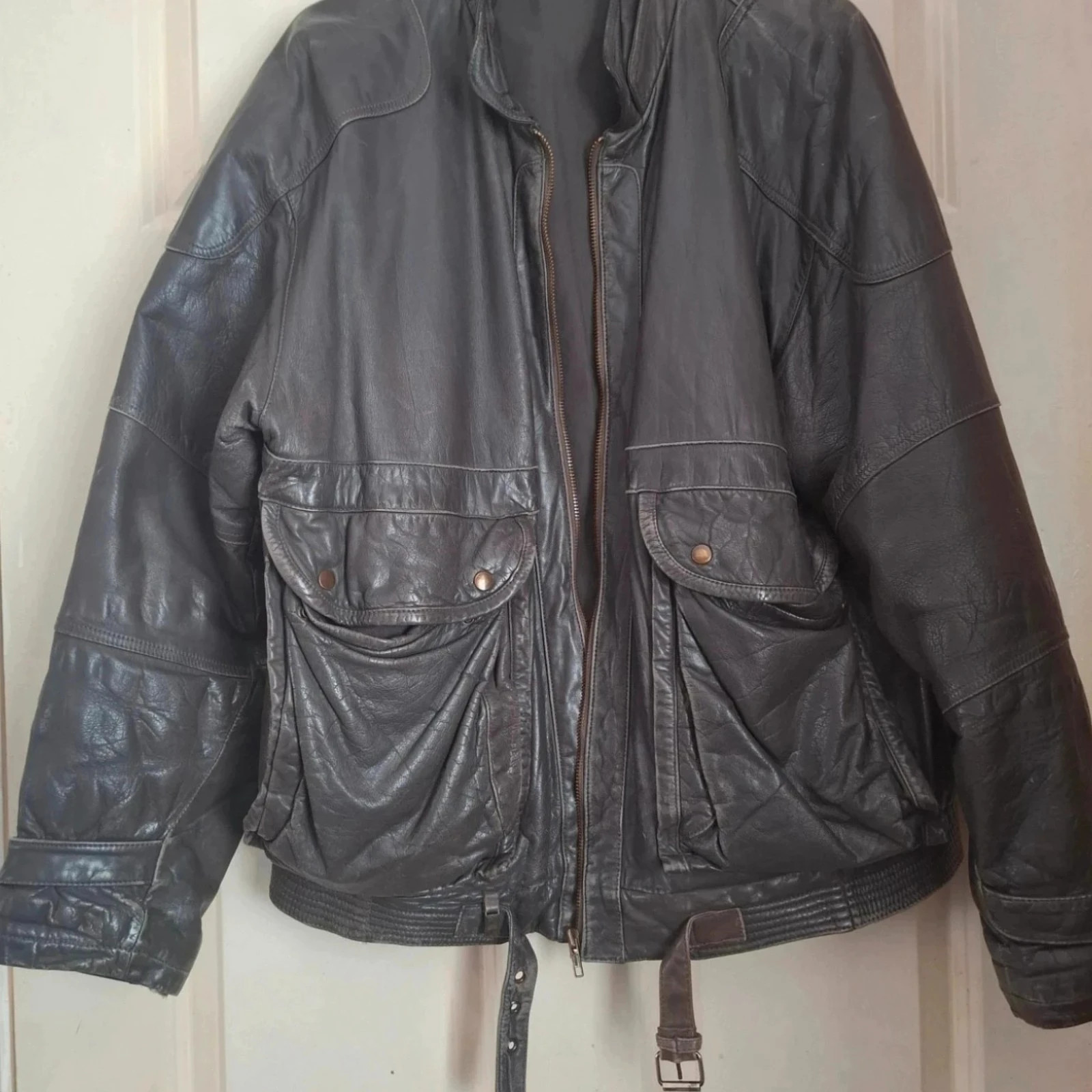 Grey leather bomber jacket large
