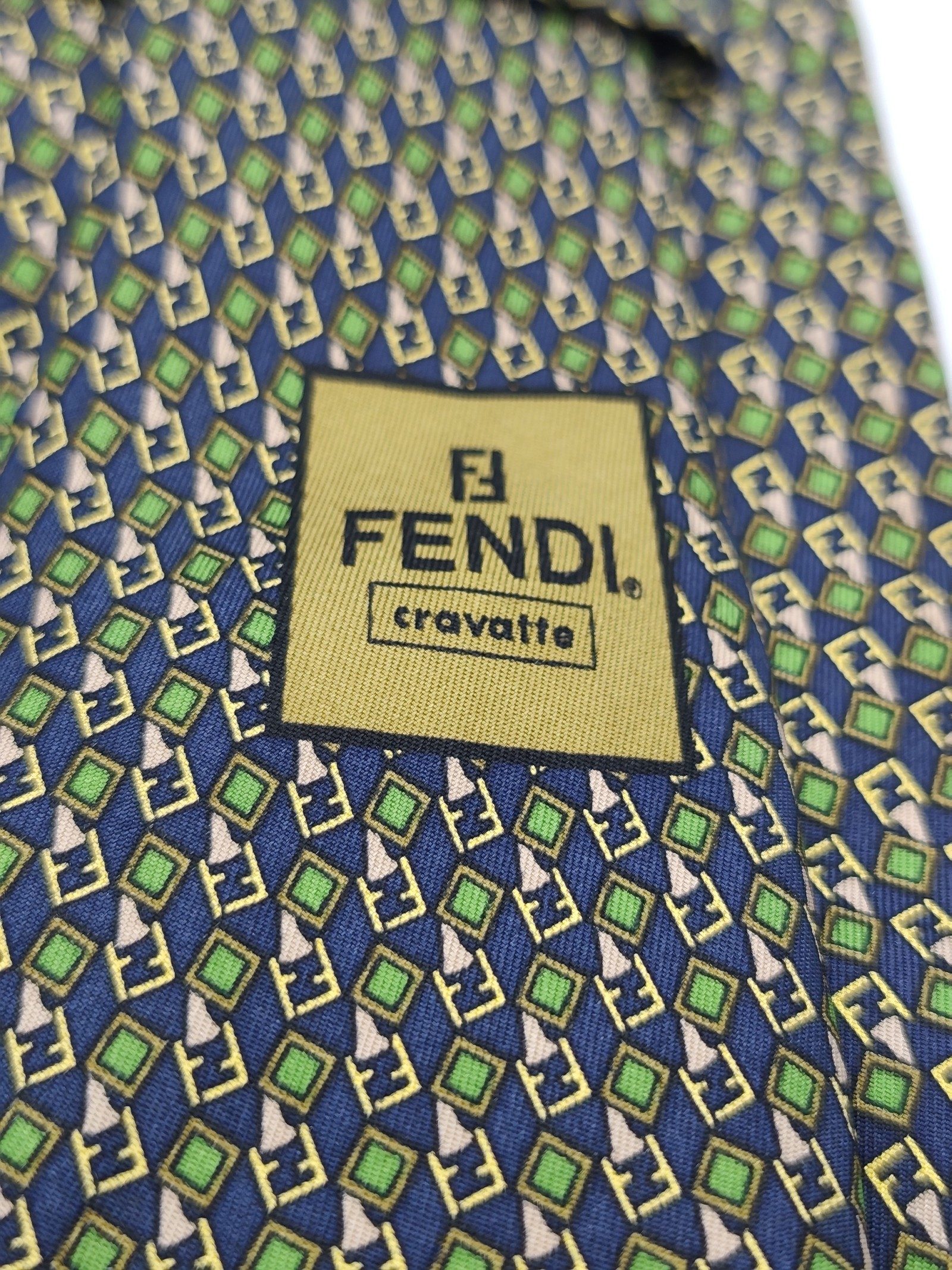 Fendi Navy & Green Patterned Silk Tie image 2