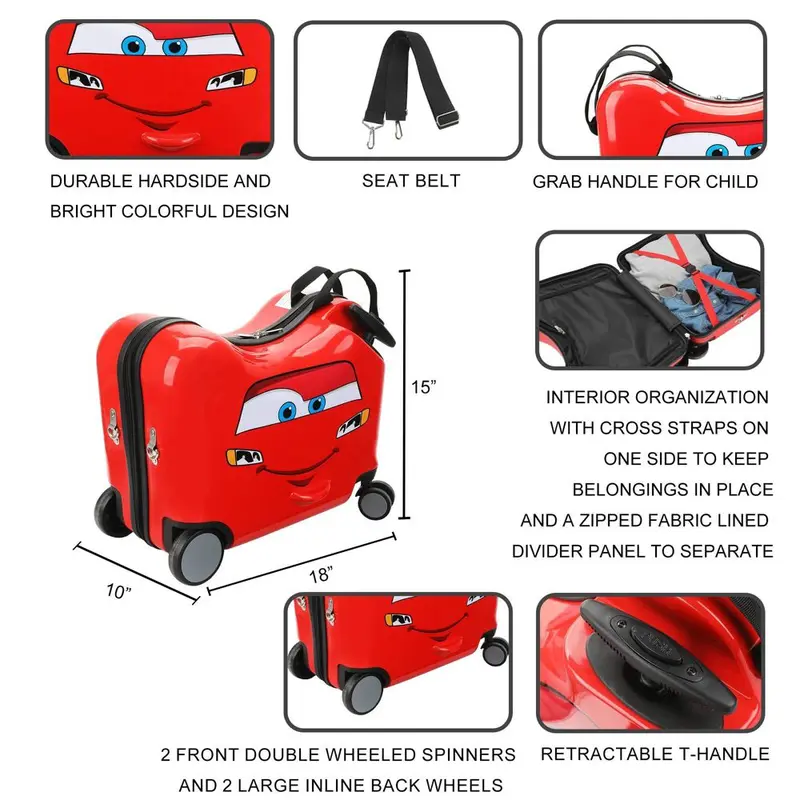 Red Kids' Ride-On Car Suitcase with Wheels and Handle image 6