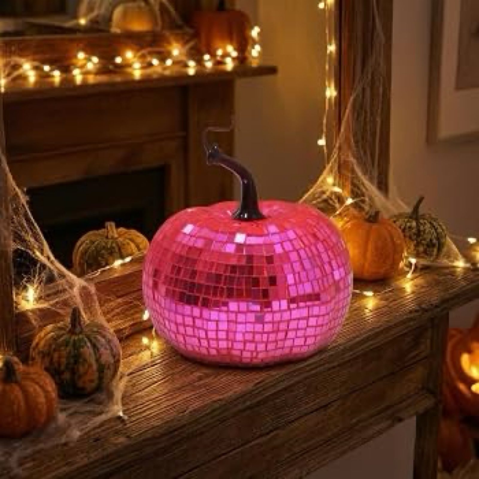 Gothic Witchy Disco Ball Pumpkin Pink Mirror Halloween Fall Mystic Decor 12cm image 4