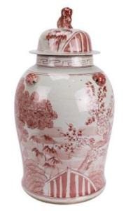 Vintage Style Red & White Chinese Ginger Jar – Guardian Lion Lid image 2