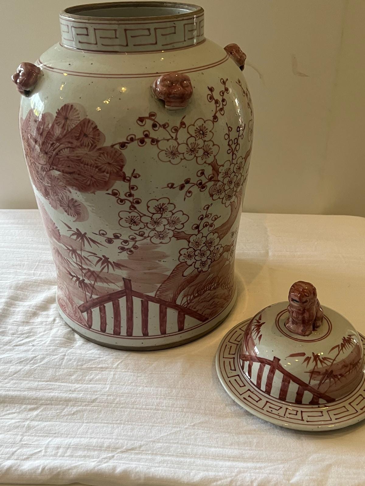 Vintage Style Red & White Chinese Ginger Jar – Guardian Lion Lid image 5