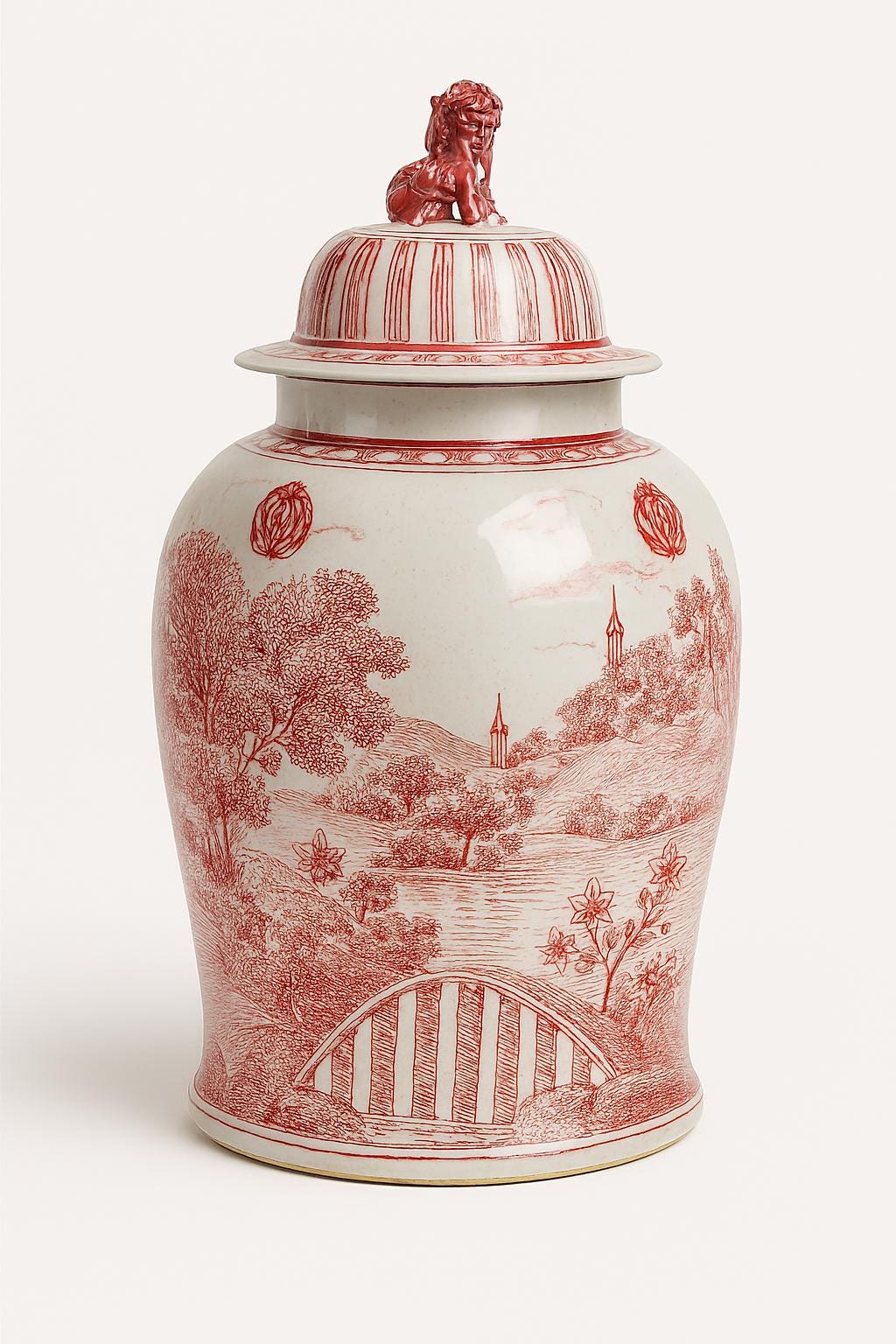 Vintage Style Red & White Chinese Ginger Jar – Guardian Lion Lid image 7