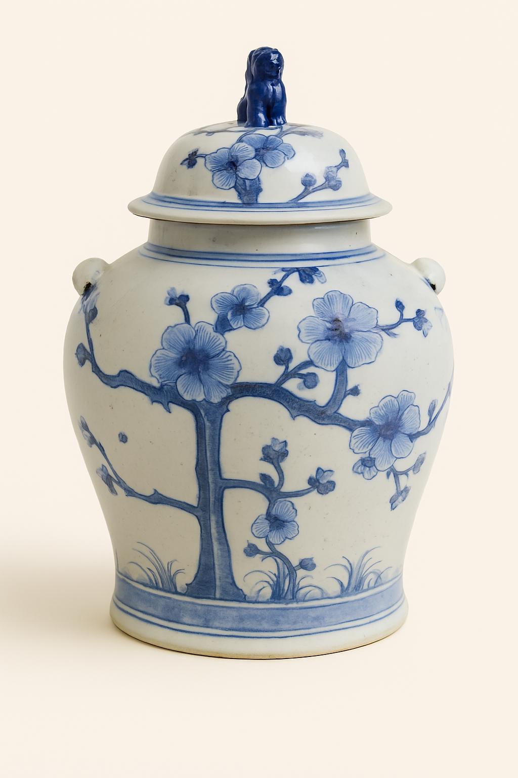 Blue and White Porcelain Ginger Jar – Floral Motif with Handles & Lid image 8