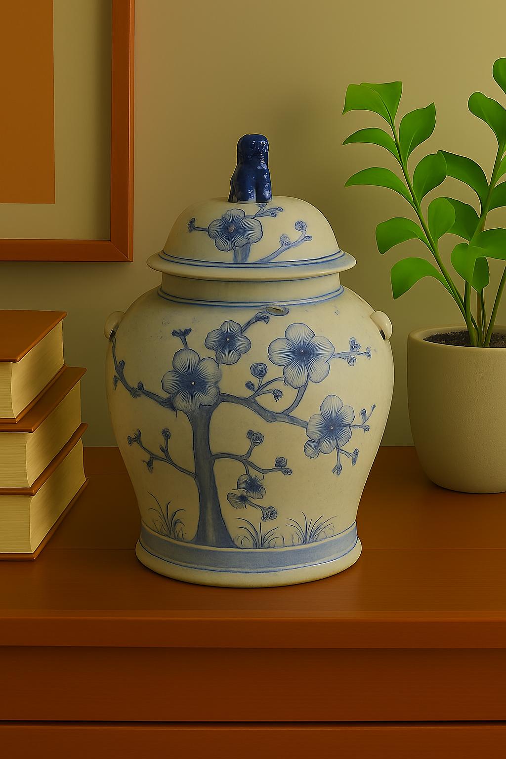 Blue and White Porcelain Ginger Jar – Floral Motif with Handles & Lid image 9