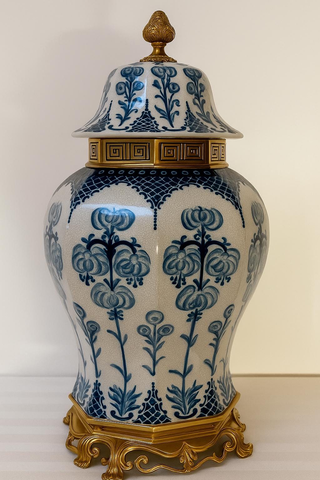 Blue and White Porcelain Ginger Jar with Lid – Decorative Urn with Gilt Base 22"
