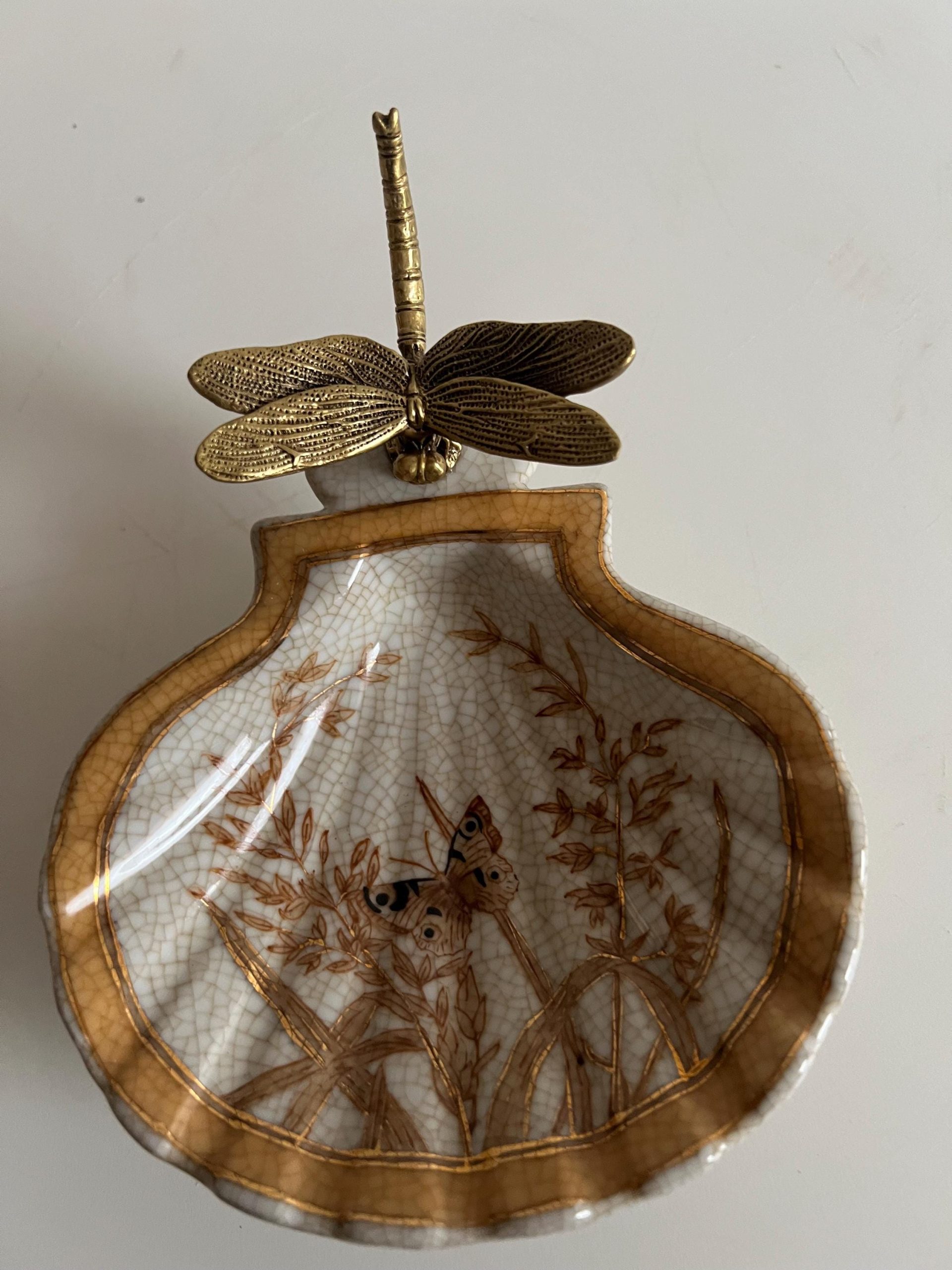 Crackle Glaze Porcelain Trinket Dish with Gilt Dragonfly Handle –Butterfly Decor