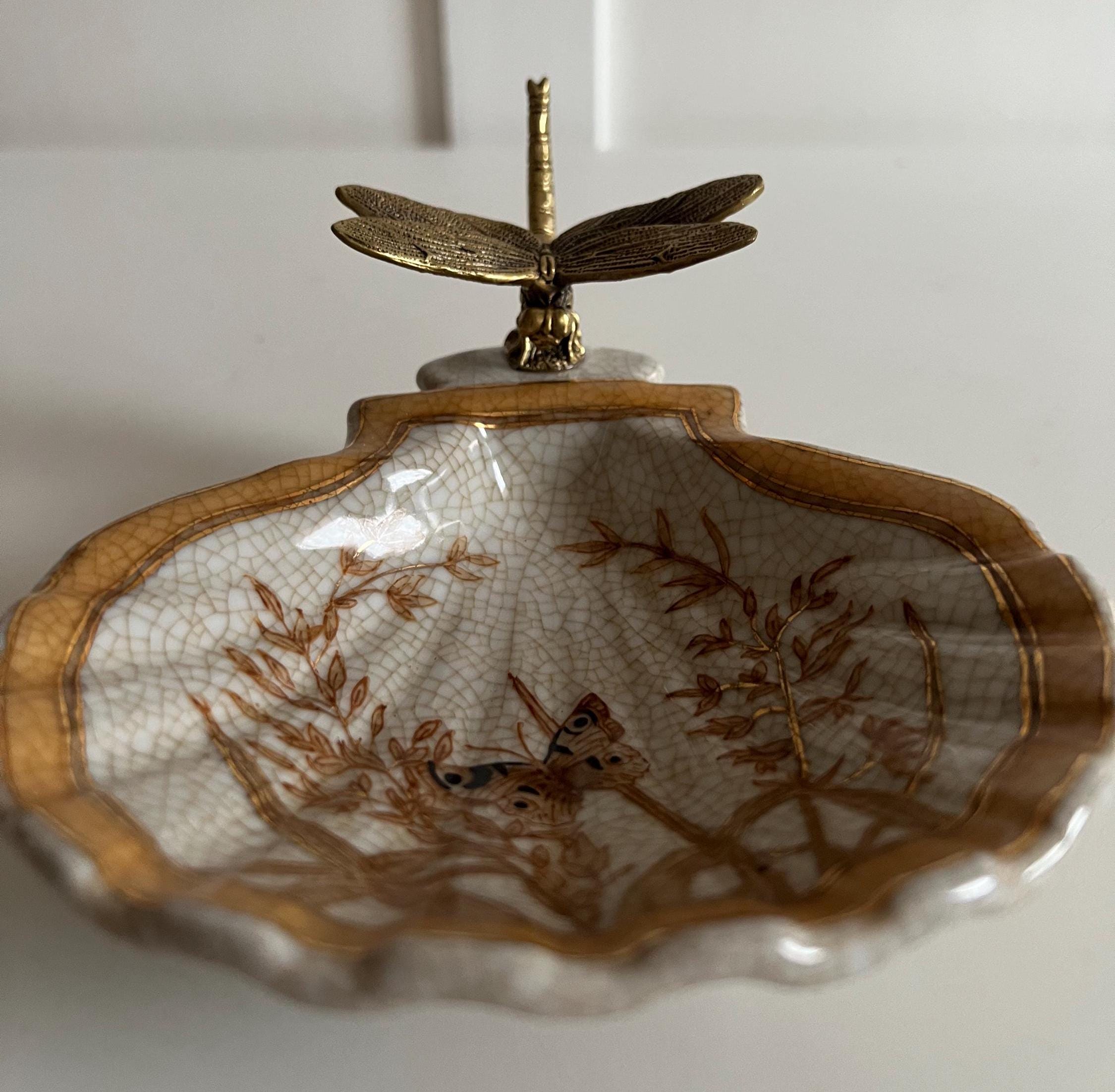 Crackle Glaze Porcelain Trinket Dish with Gilt Dragonfly Handle –Butterfly Decor image 2