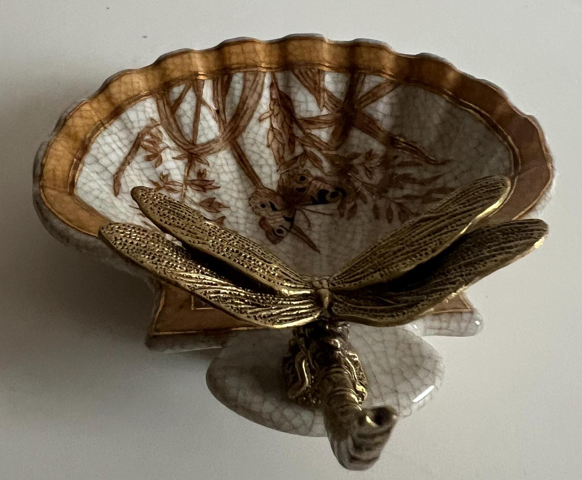 Crackle Glaze Porcelain Trinket Dish with Gilt Dragonfly Handle –Butterfly Decor image 6