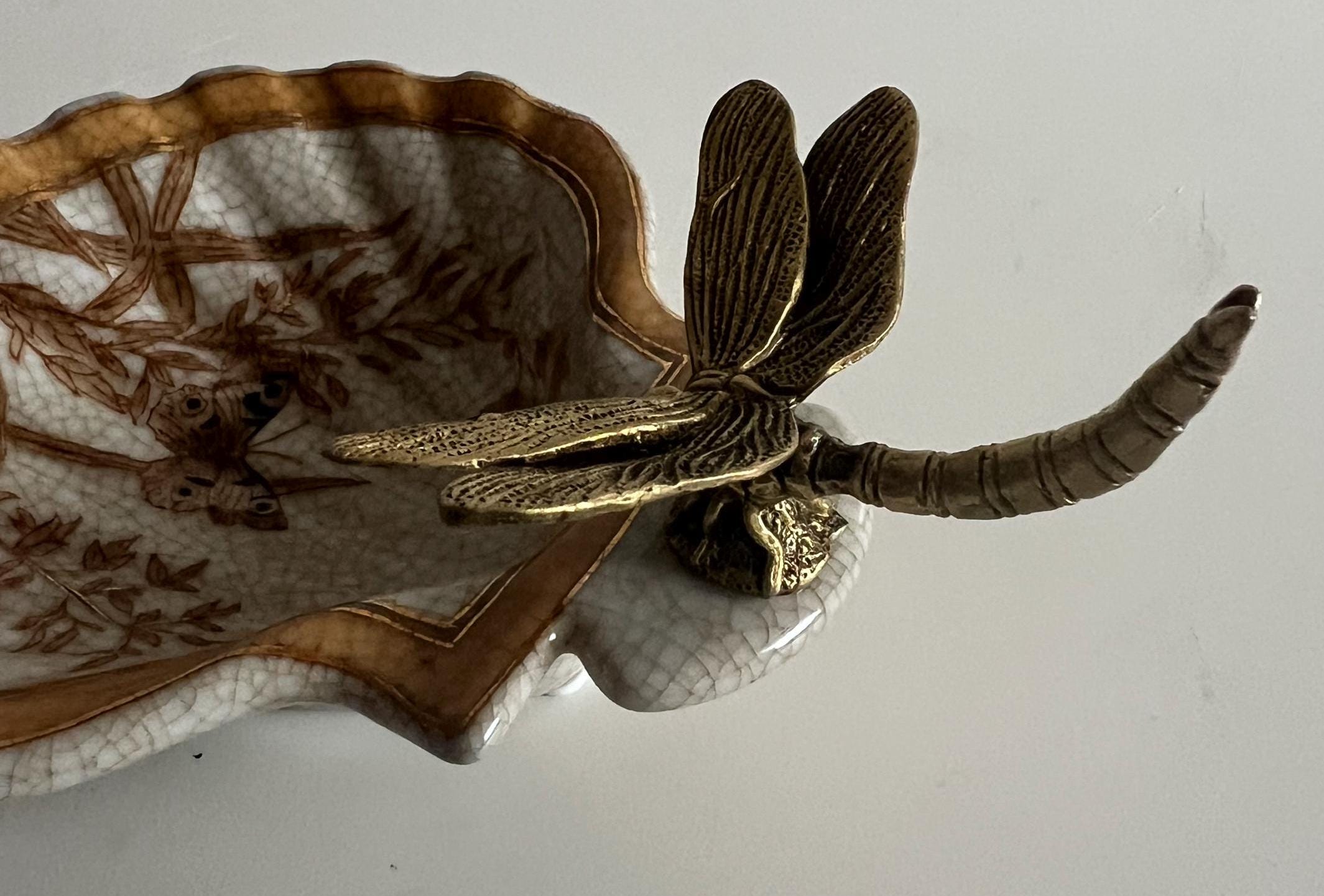 Crackle Glaze Porcelain Trinket Dish with Gilt Dragonfly Handle –Butterfly Decor image 7