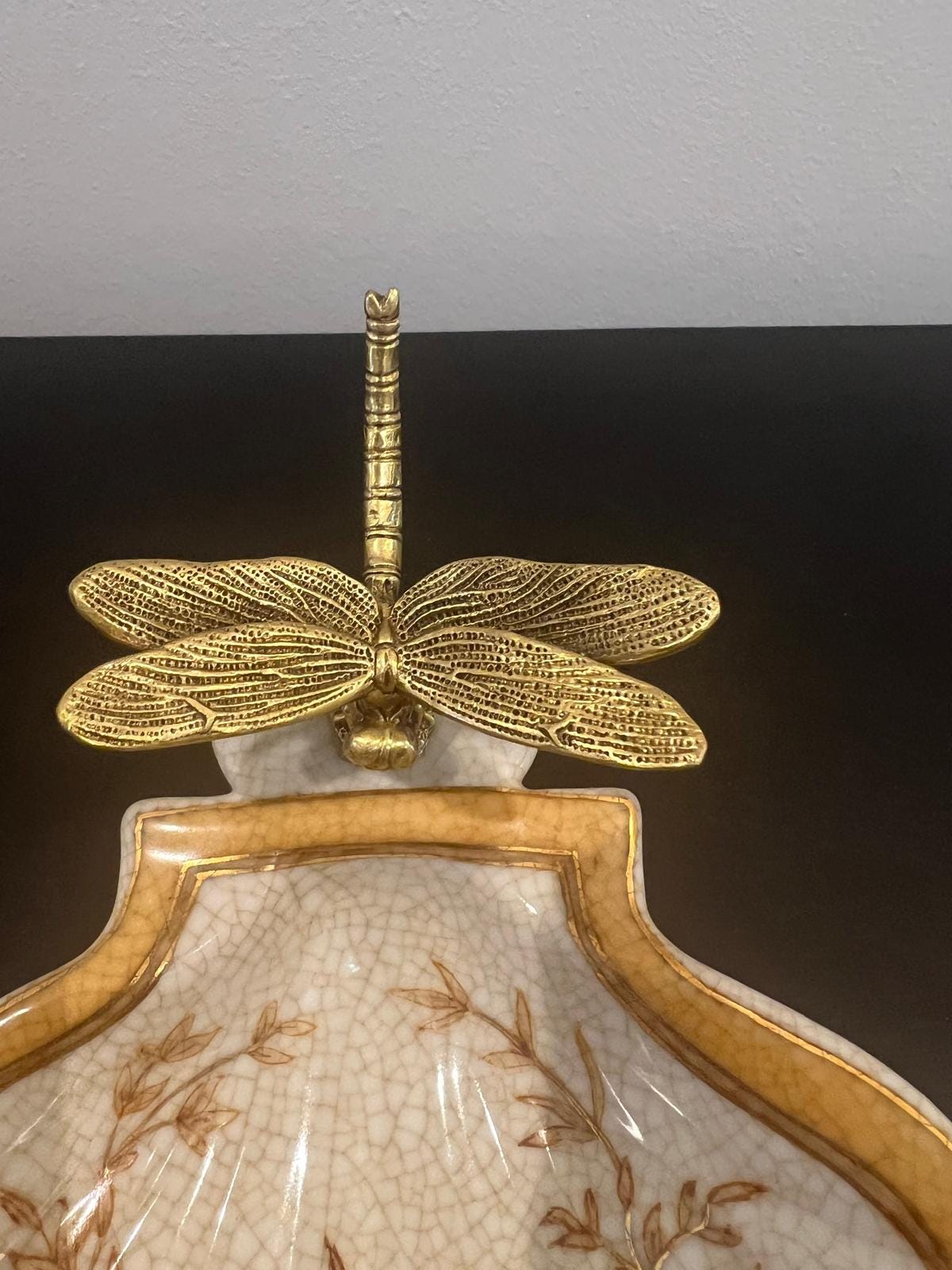 Crackle Glaze Porcelain Trinket Dish with Gilt Dragonfly Handle –Butterfly Decor image 8