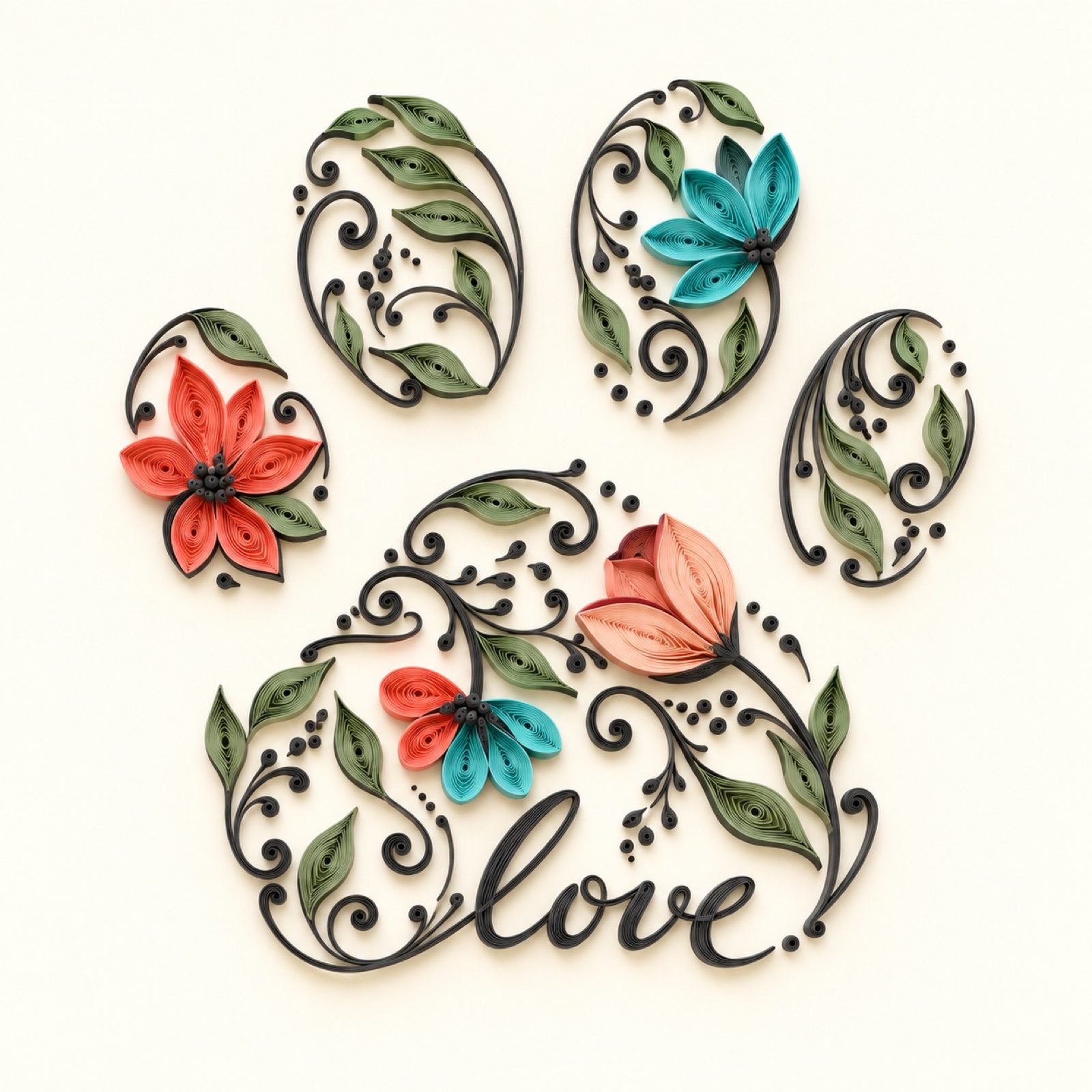 Quilling Paper Flower Love Wall Art Print with Frame Various Sizes Black & White