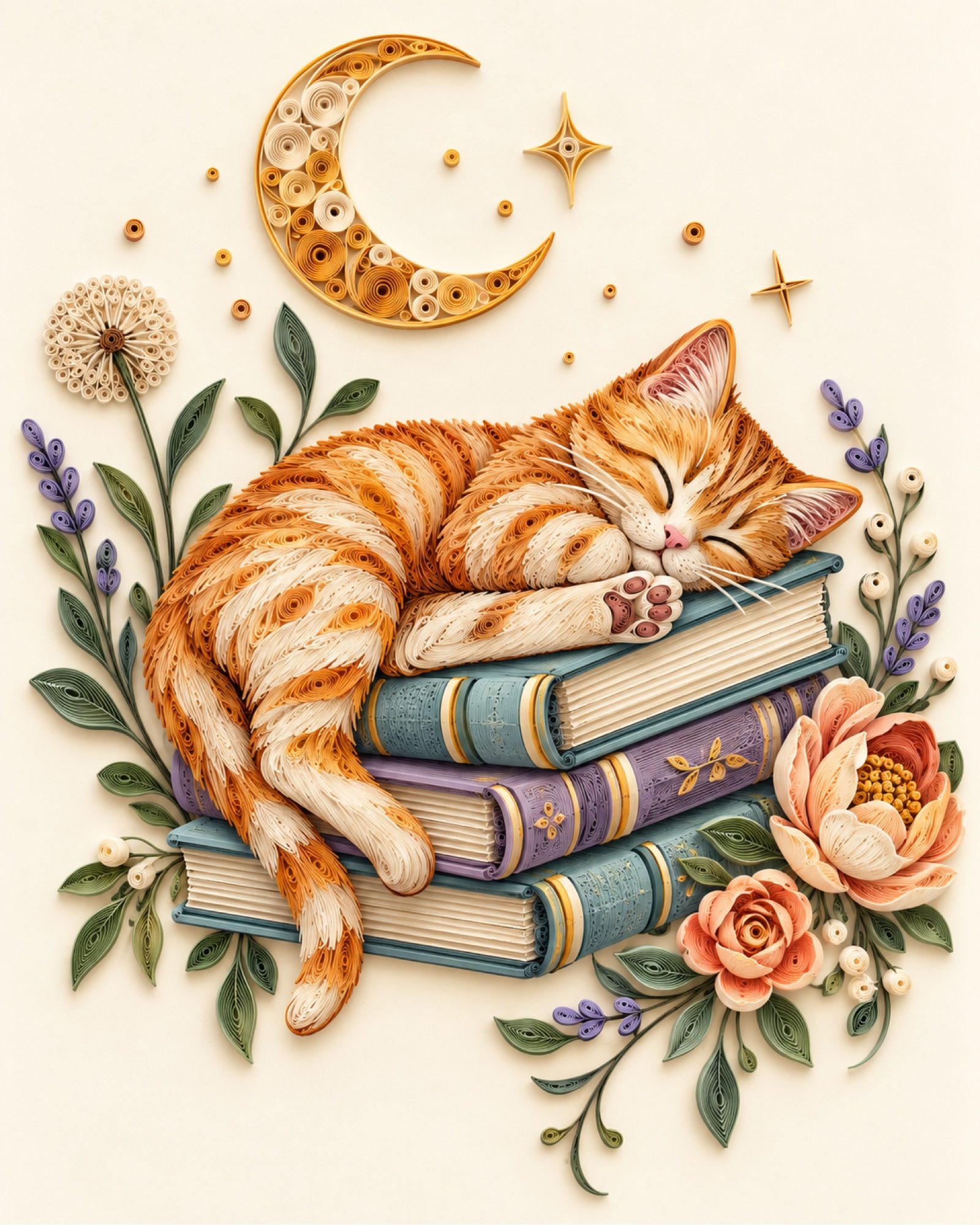 8x10 Framed Sleeping Orange Cat on Books Quill Style 2D Art Print