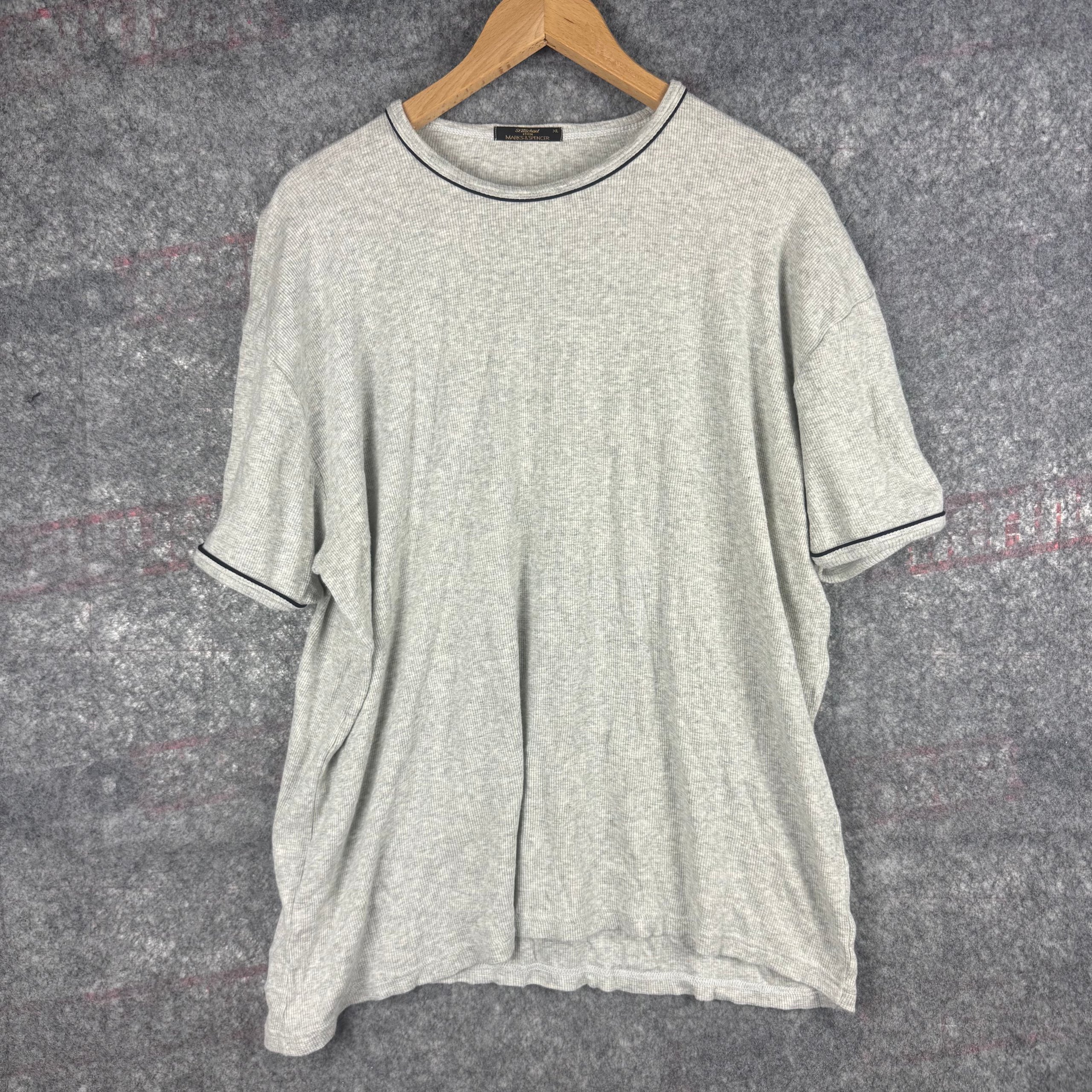 Vintage St Michael's Marks & Spencer Grey Ribbed Short Sleeve Top XL Navy Piping