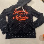 Superdry XS Ladies Navy polka dot hoodie, neon orange "Made Authentic" print