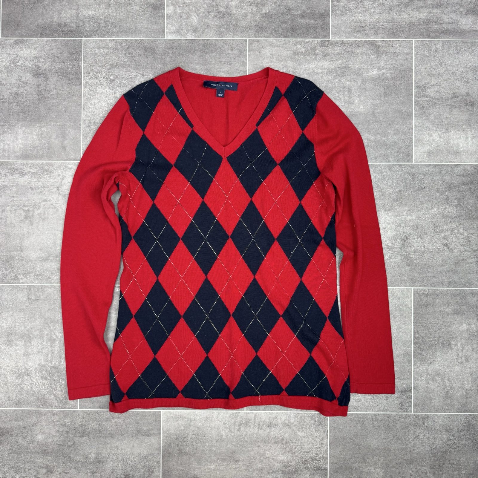 Tommy Hilfiger Women's Red & Navy Argyle V-Neck Sweater Medium