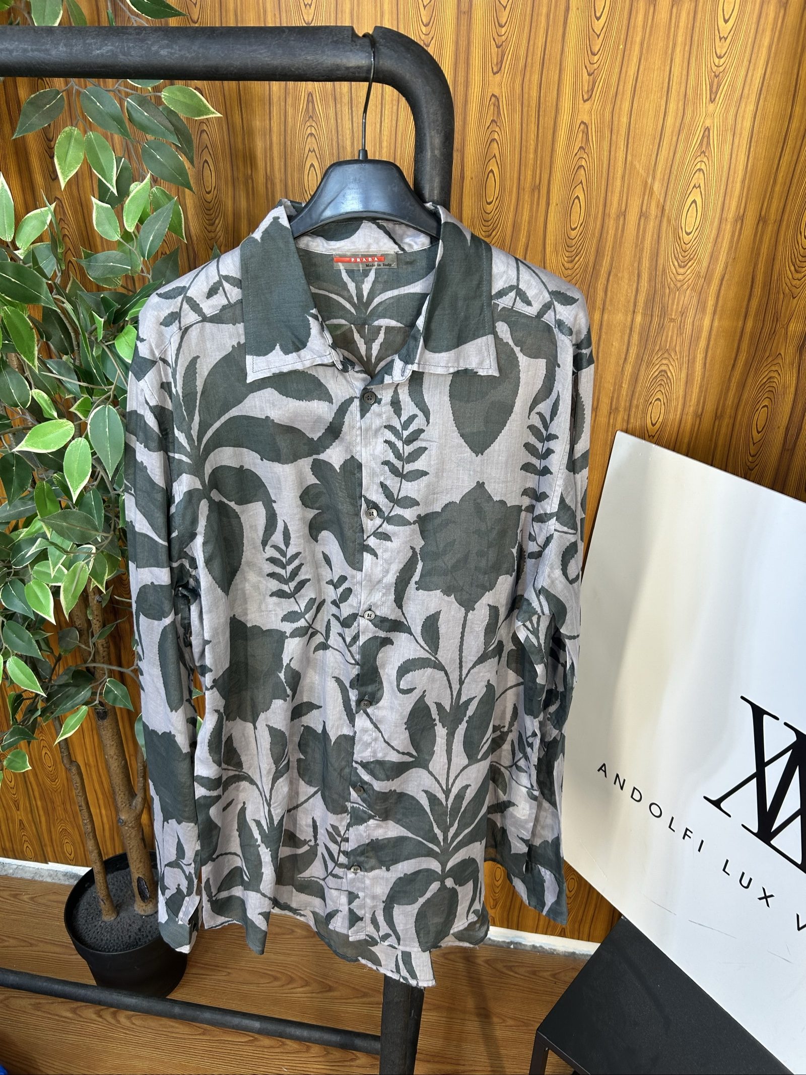 Prada Camicia Uomo Verde & Grigio Fantasia Botanica Taglia XXL 100% Cotone