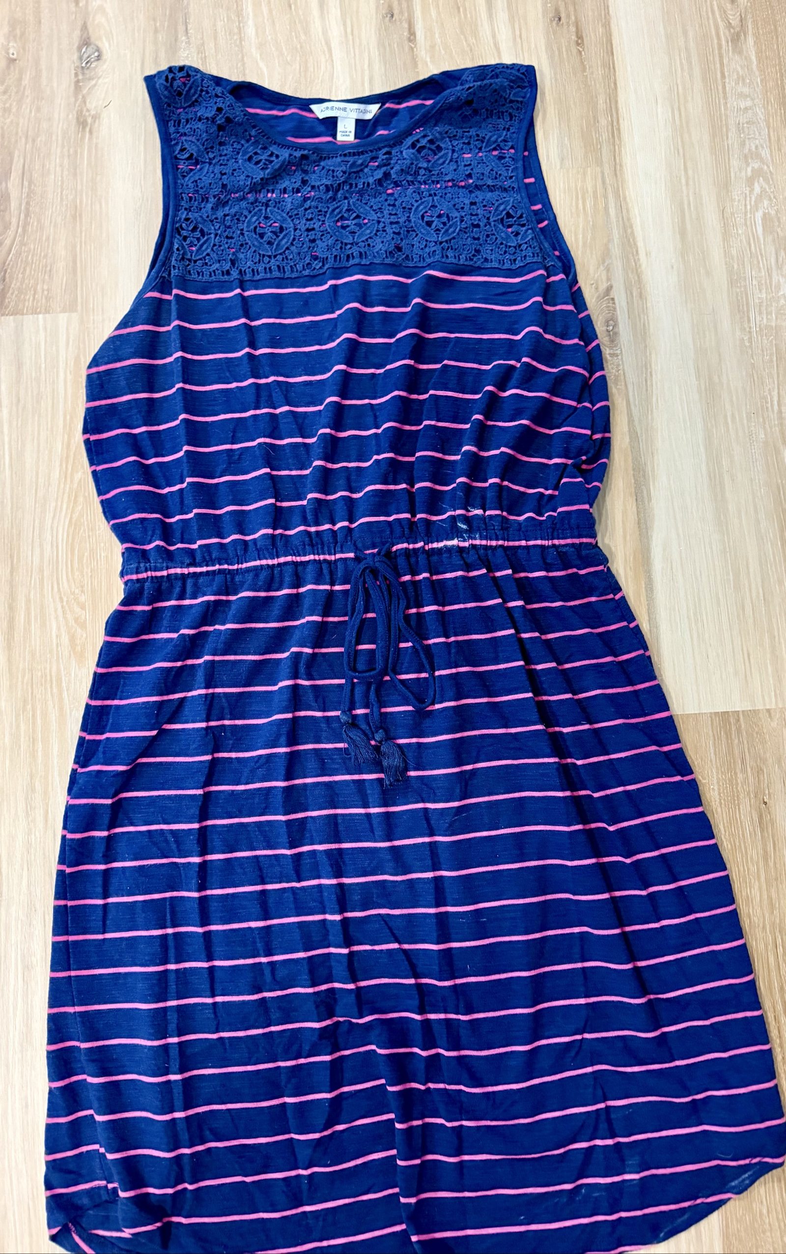 Adrienne Vittadini Navy & Pink Striped Lace Detail Dress Large