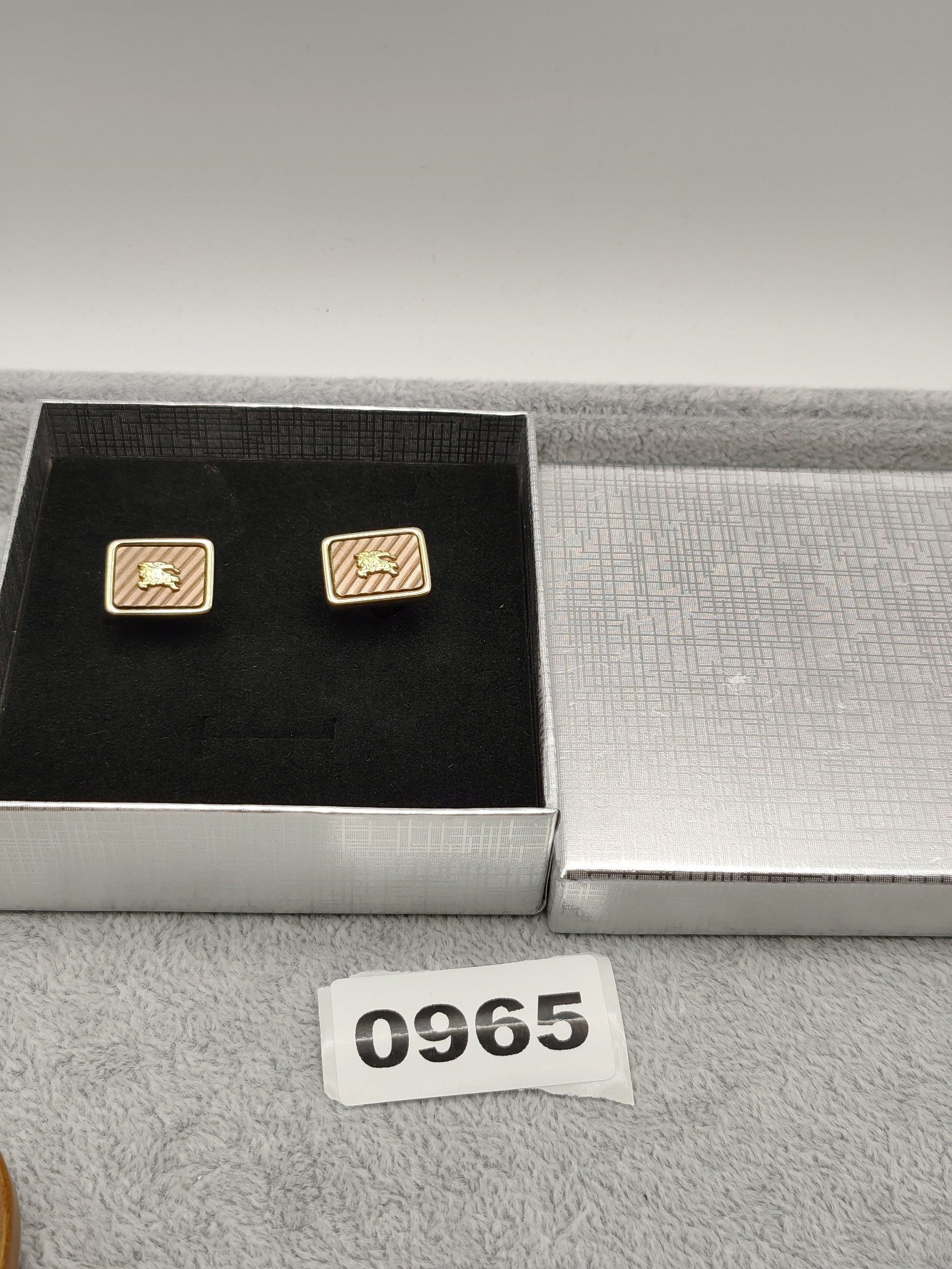 Burberry Gold Tone & Brown Striped Logo Cufflinks