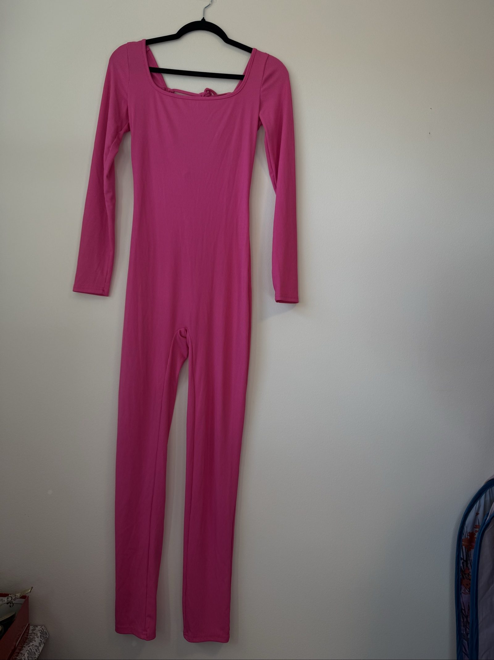 Pink Ribbed Lace-Up Back Jumpsuit Small Women's