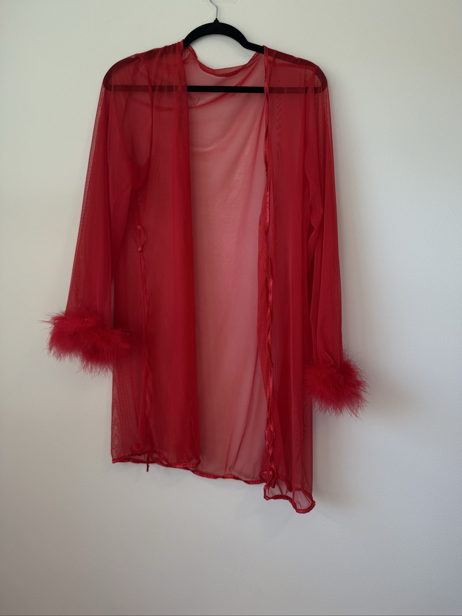 Red Sheer Mesh Robe with Feather Cuffs One Size
