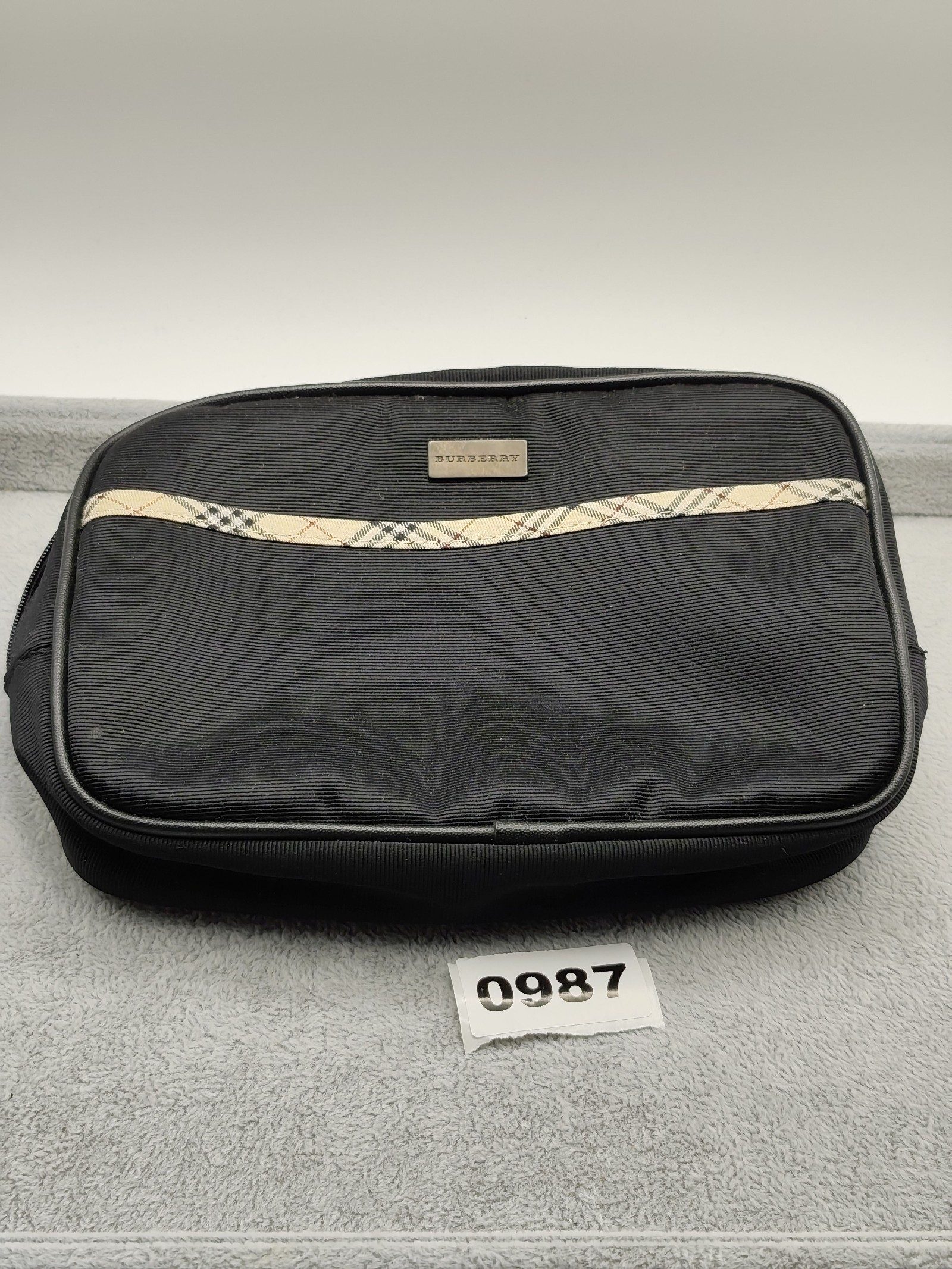 Burberry Black Nylon Wash Bag with Check Trim
